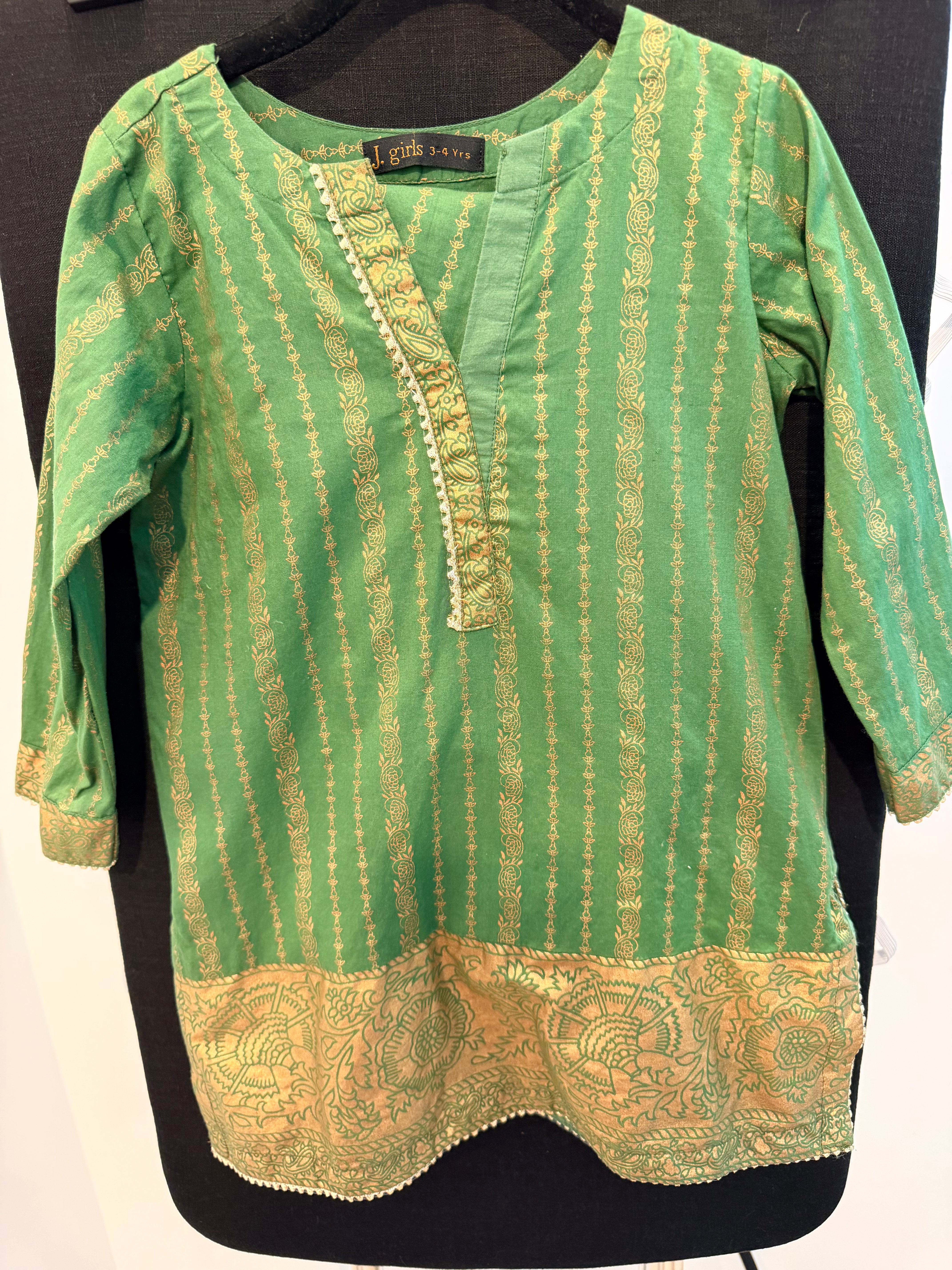 J. Girls Green & Gold Printed Lawn 2-Piece Shalwar Suit – 3–4 Years