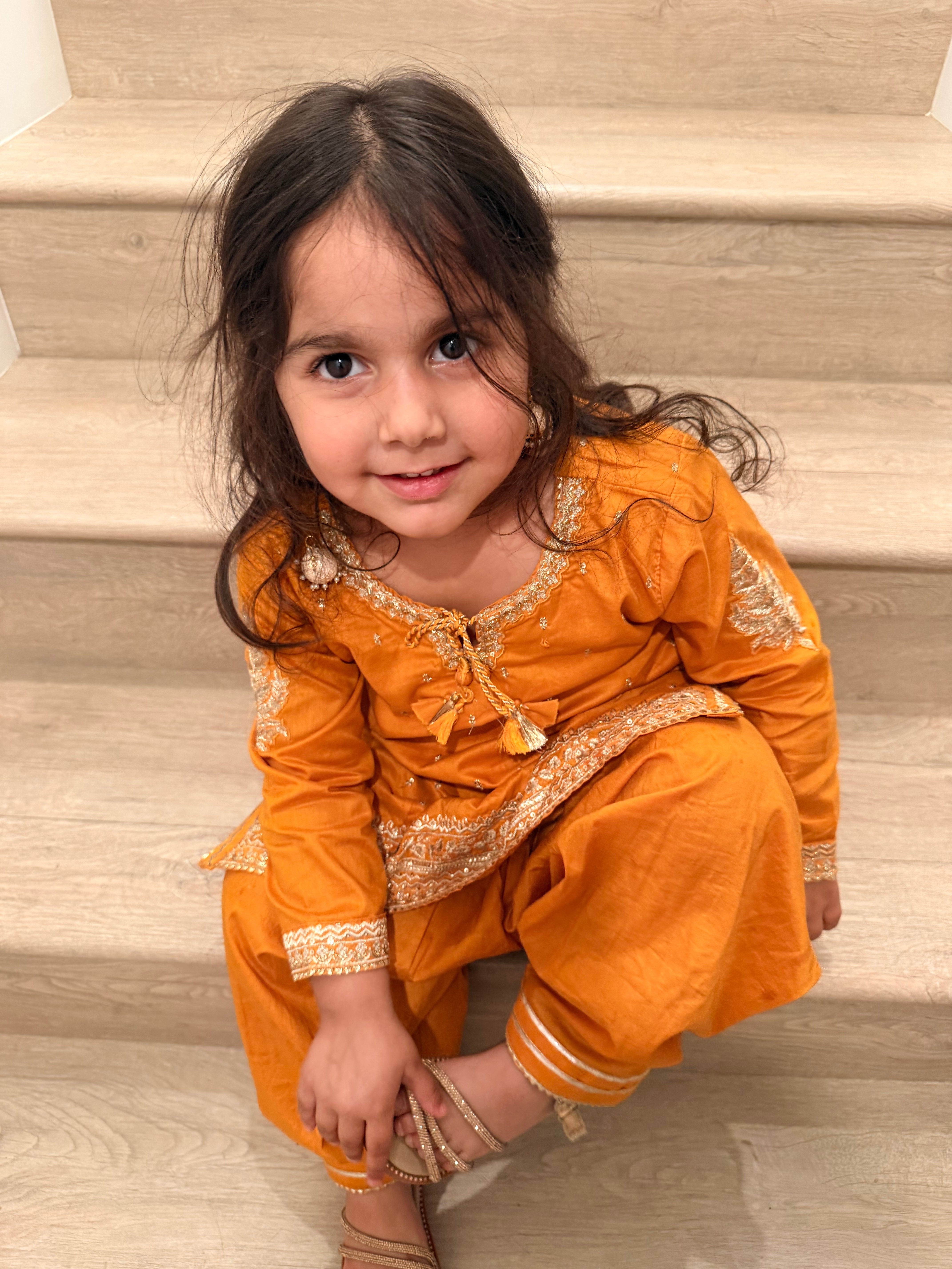 J. Girls by Junaid Jamshed Mustard Silk-Finish Lawn Embroidered 3-Piece Shalwar Suit – 4–5 Years