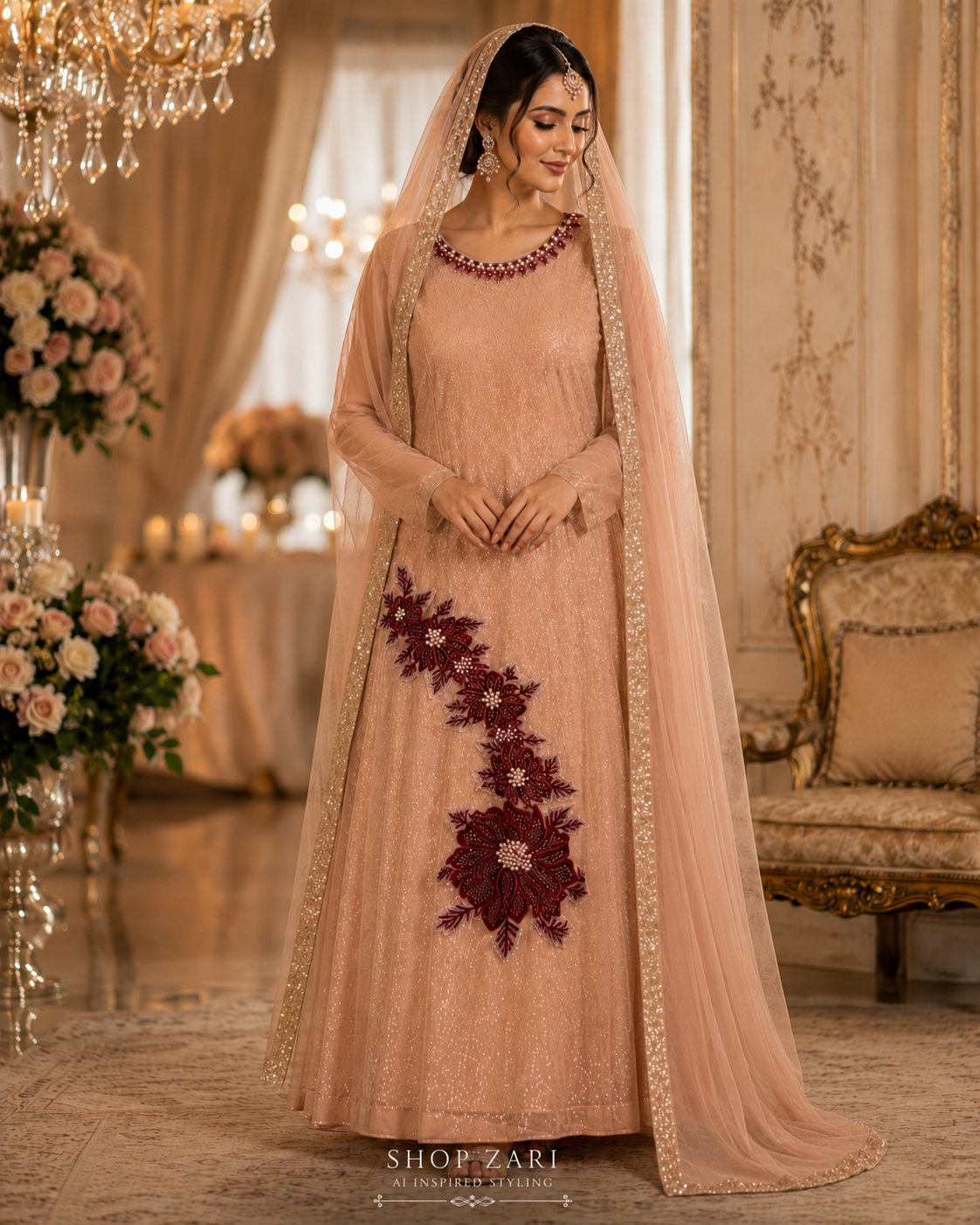 NEW Blush Pink Sequin Gown with Burgundy Floral Appliqué – 3-Piece Set