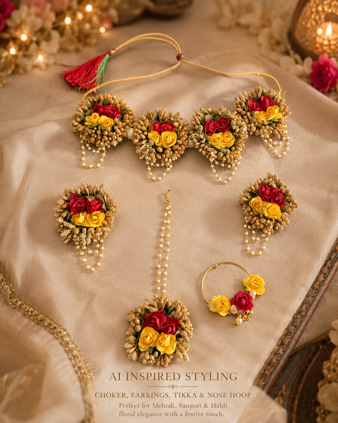 New Multicolor Floral Jewelry Set – Necklace, Earrings, Nath & Maang Tikka