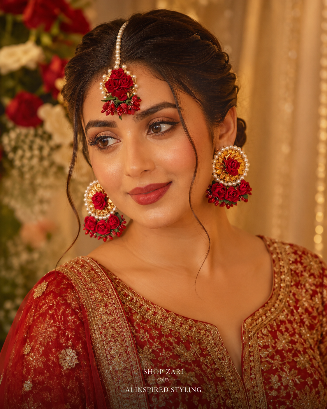 New Handcrafted Red Floral and Gold Gota Bridal Jewelry Set (3-Piece)