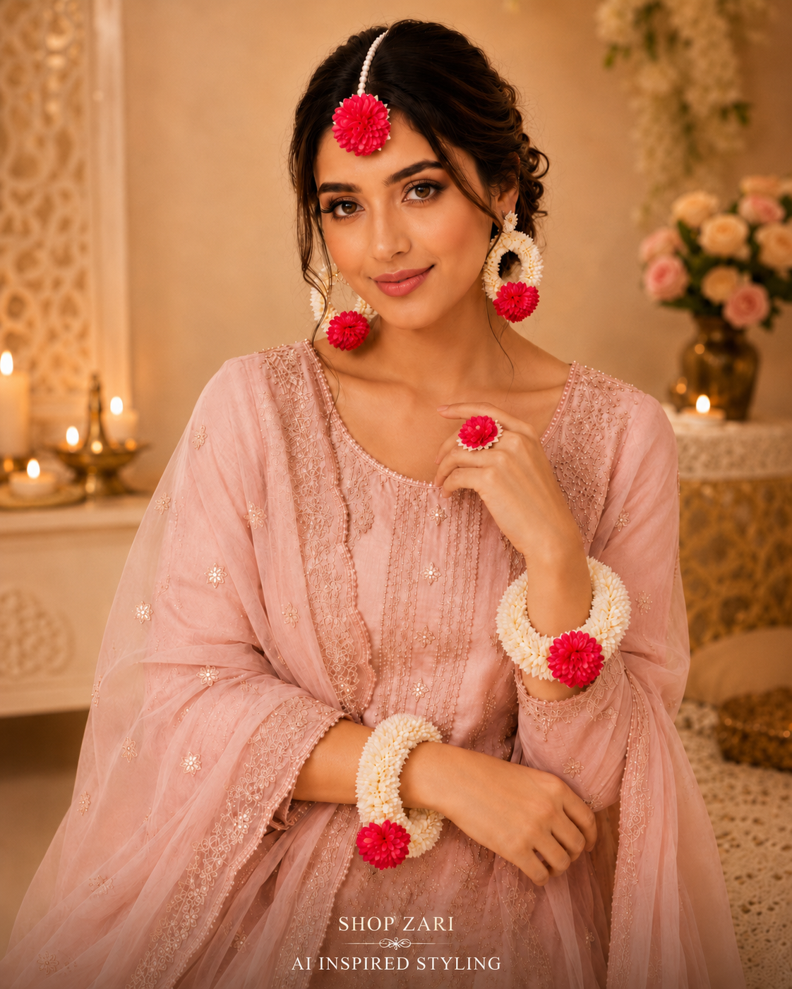 New Floral Hand Gajra Set – Hand Gajras, Ring Earrings & Maang Tikka