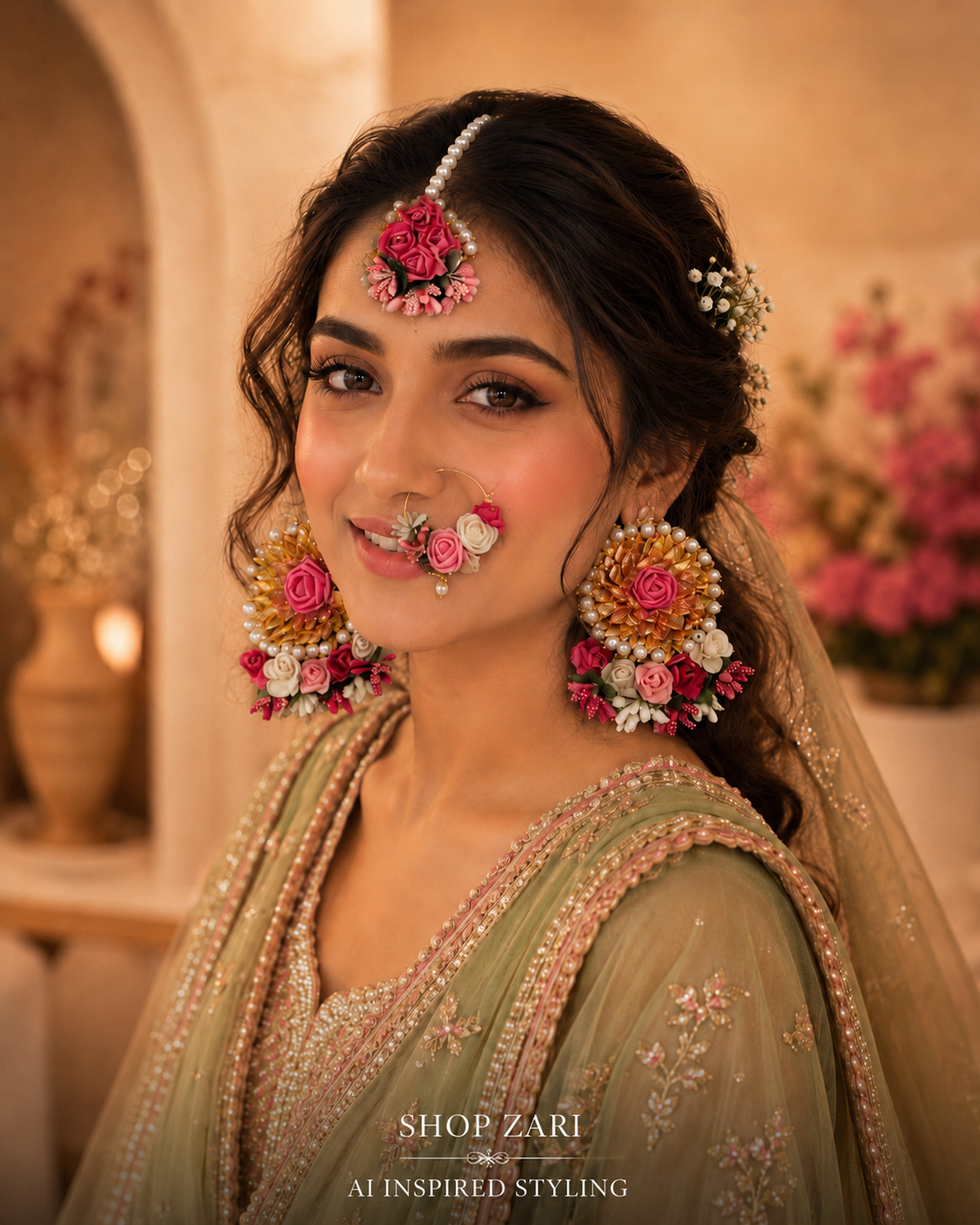 New Pink Floral Gota Jewelry Set – Nath, Earrings & Maang Tikka