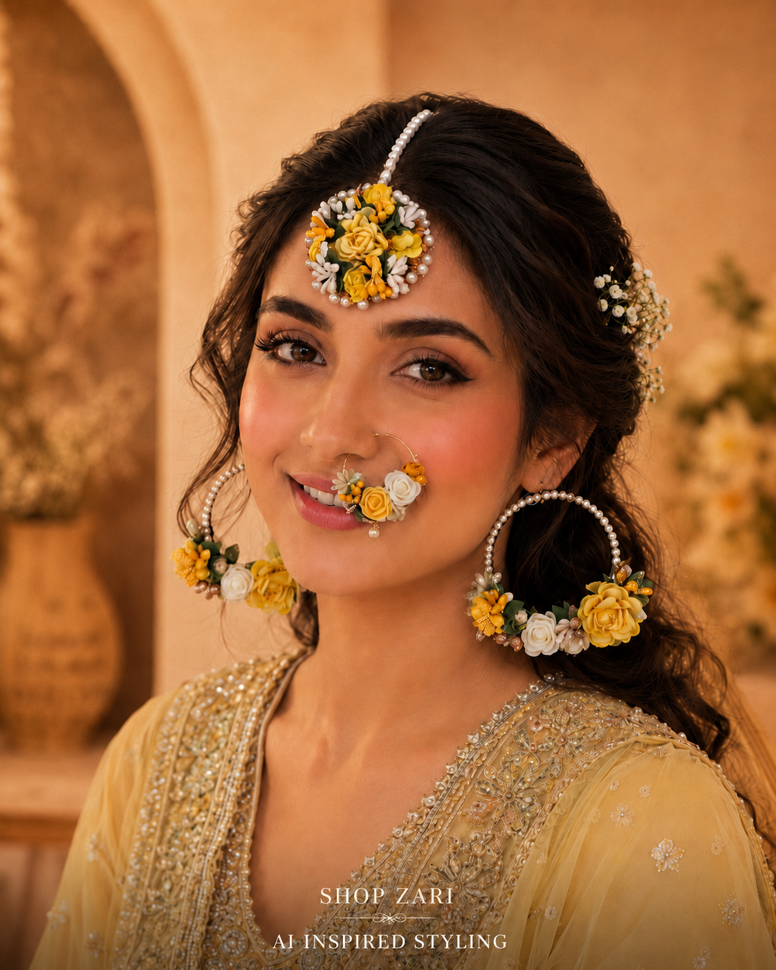 New Yellow & Ivory Floral Jewelry Set – Nath, Earrings & Maang Tikka