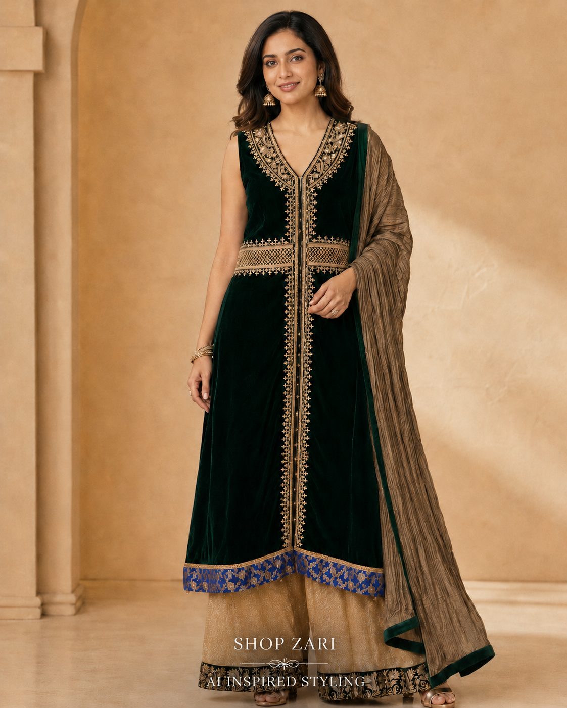 Saima Rahim Custom - Emerald Green Velvet Zari-Embroidered 3-Piece Formal Set with Gold Palazzo Pants