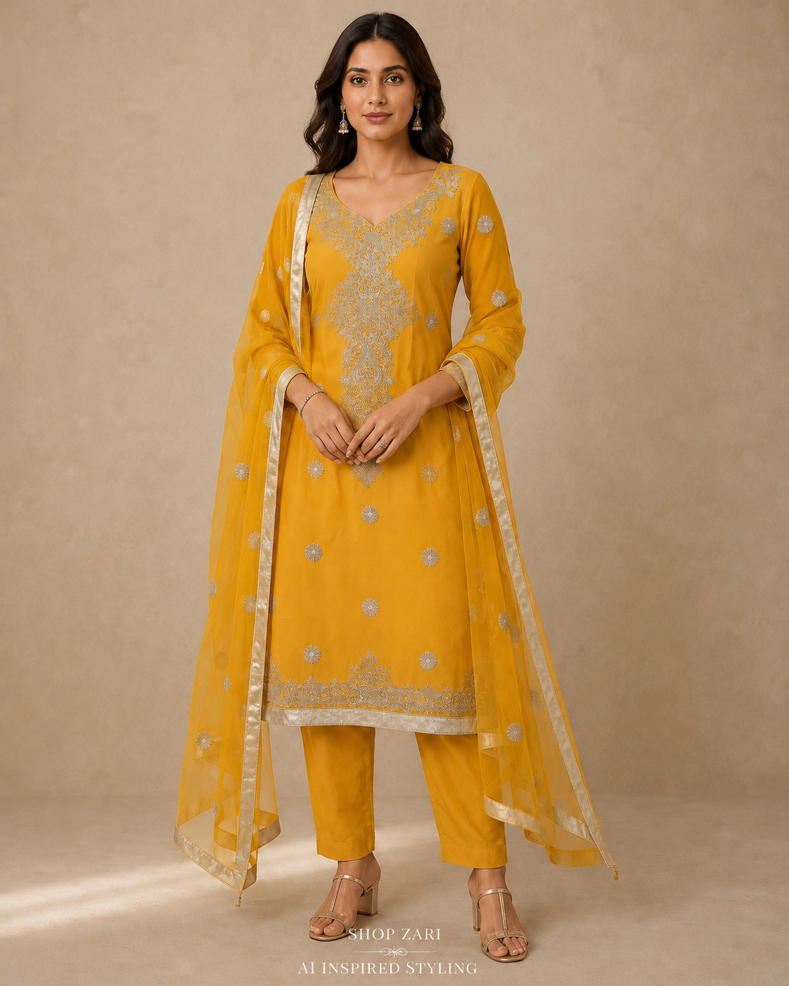Marigold Yellow Embroidered Chiffon 3-Piece Suit with Churidar Sleeves & Dupatta