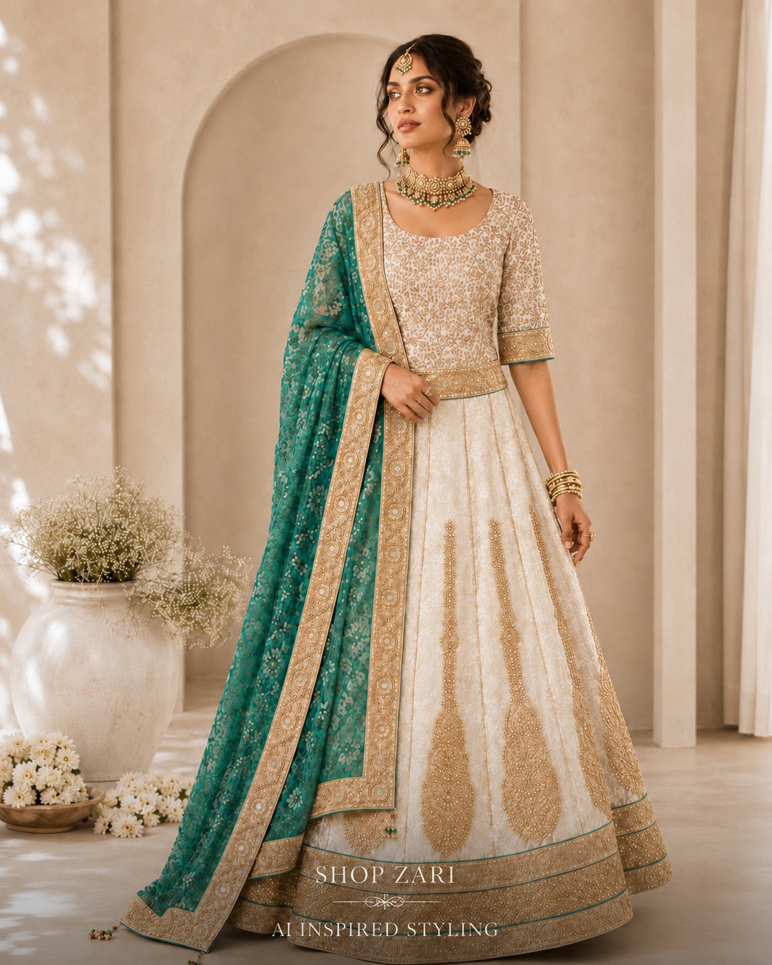 Ivory & Emerald Embellished Lehenga Set with Brocade Blouse and Dupatta