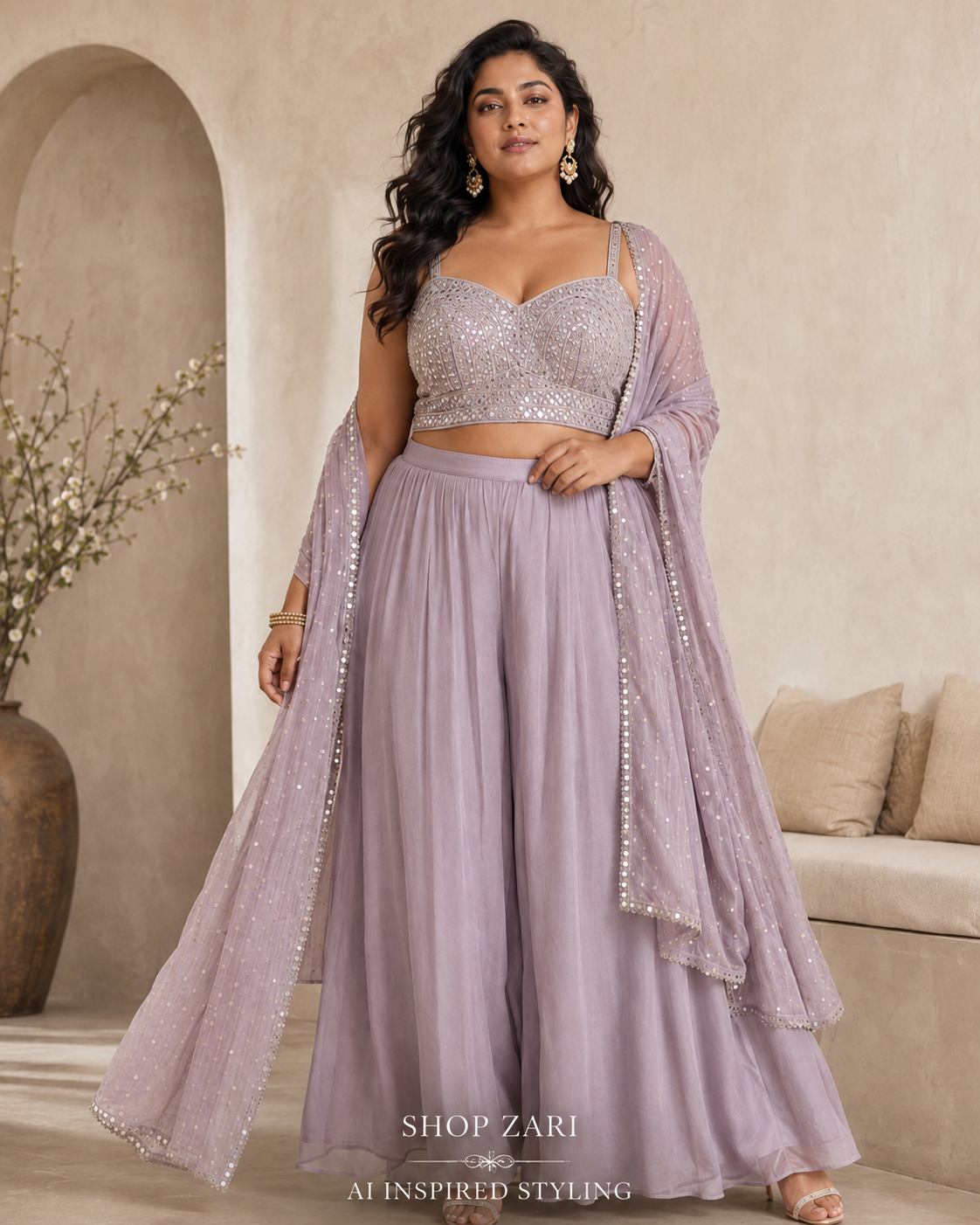 NEW Lilac Mirror Work Cape Sharara Set