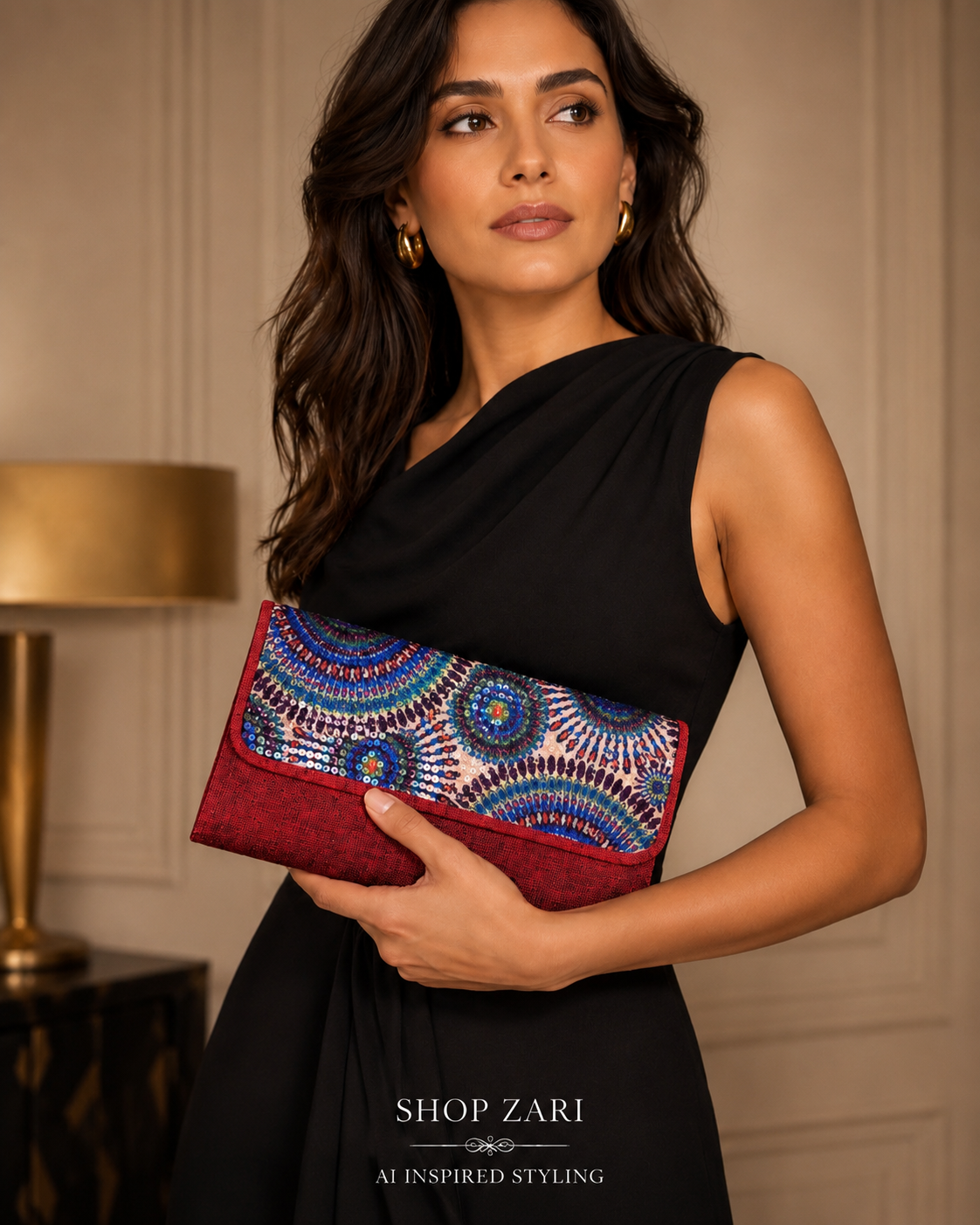 Brand New Red Embroidered Evening Clutch with Detachable Chain