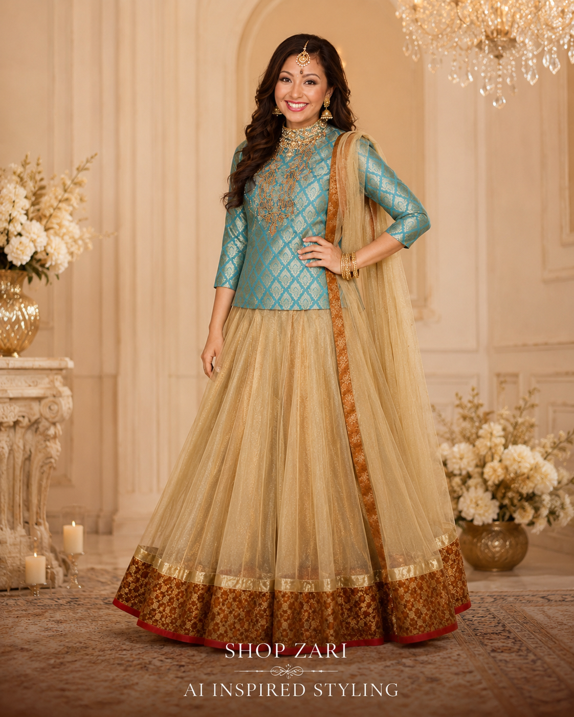 Turquoise Banarasi Brocade Lehenga Set with Gold Net Skirt & Dupatta