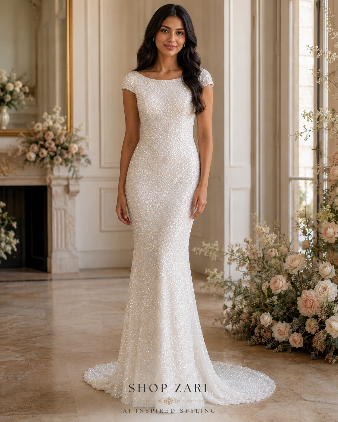 White Allover Sequin Fitted Wedding Gown with Scoop Back & Train