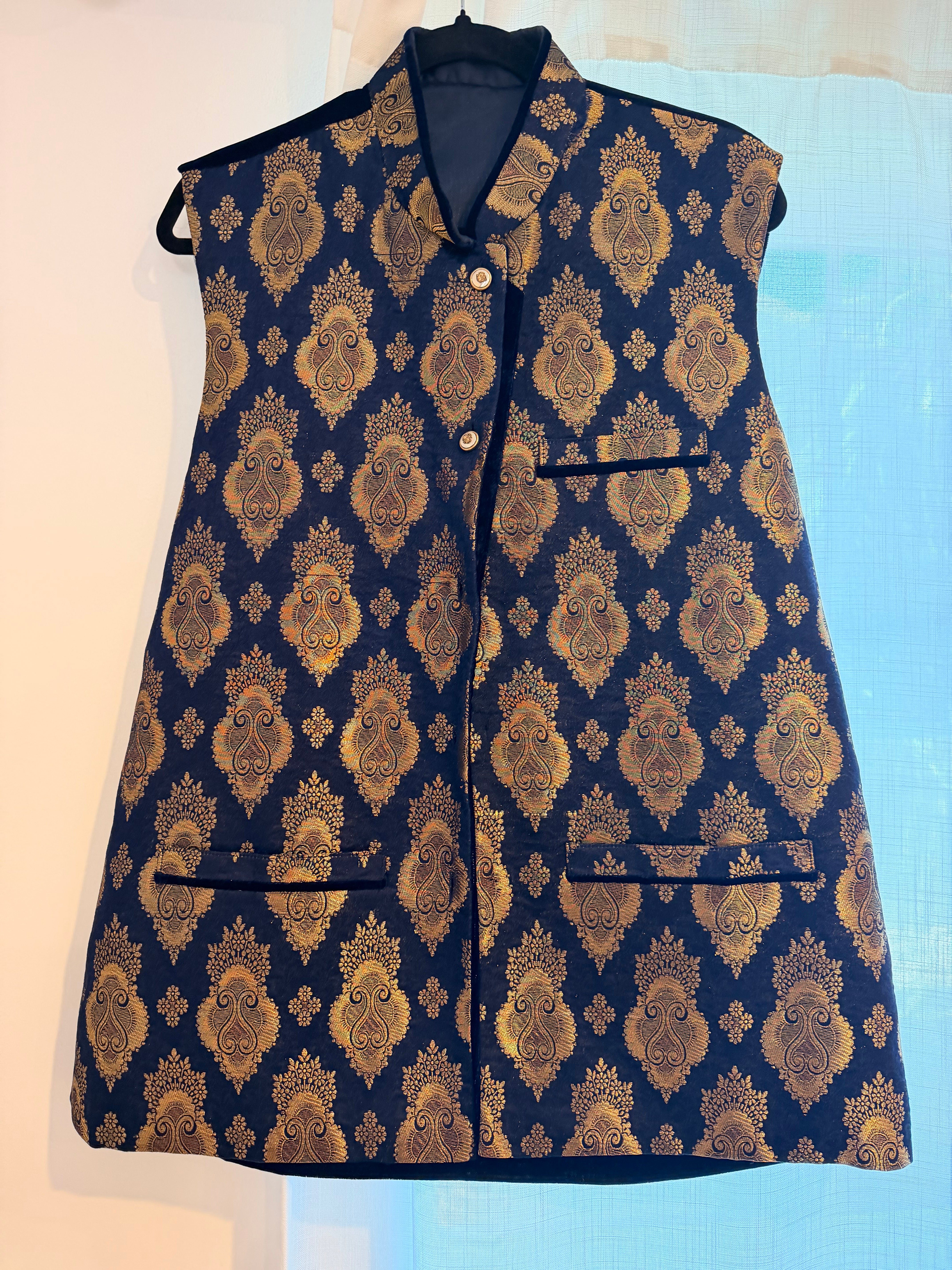 Dark Navy & Gold Brocade Long Waistcoat / Sherwani Vest
