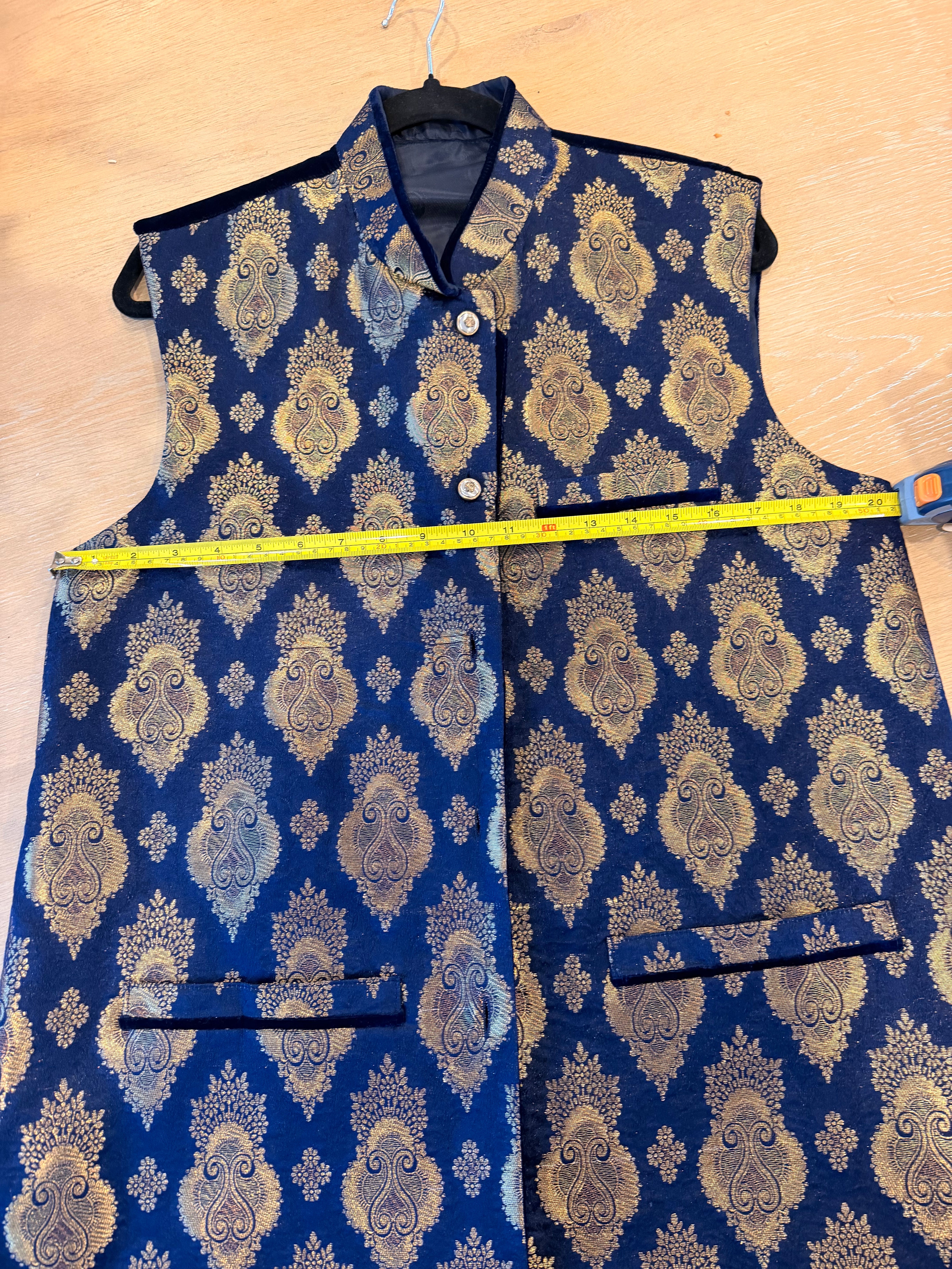 New Dark Navy & Gold Brocade Long Waistcoat / Sherwani Vest