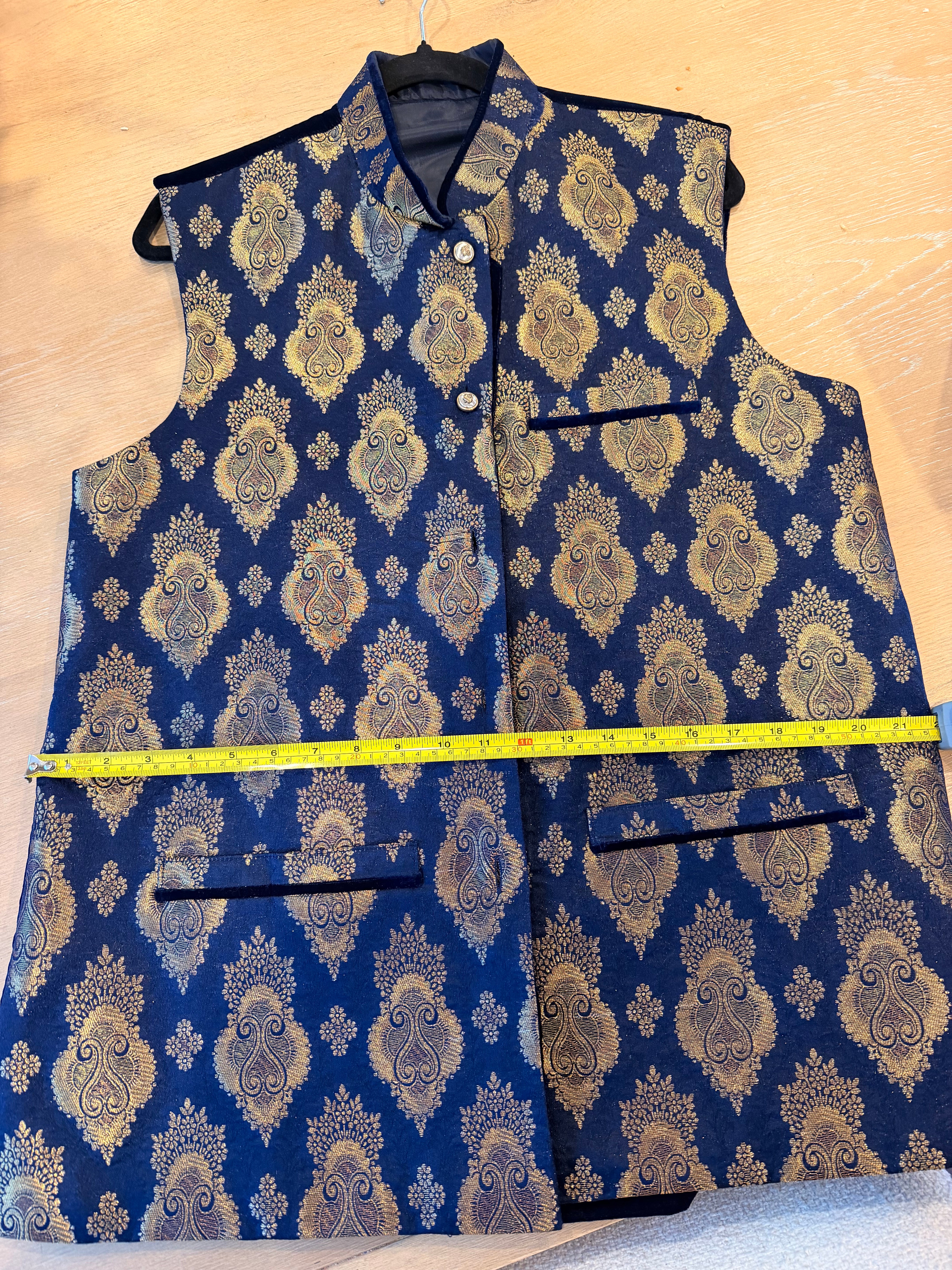 Dark Navy & Gold Brocade Long Waistcoat / Sherwani Vest