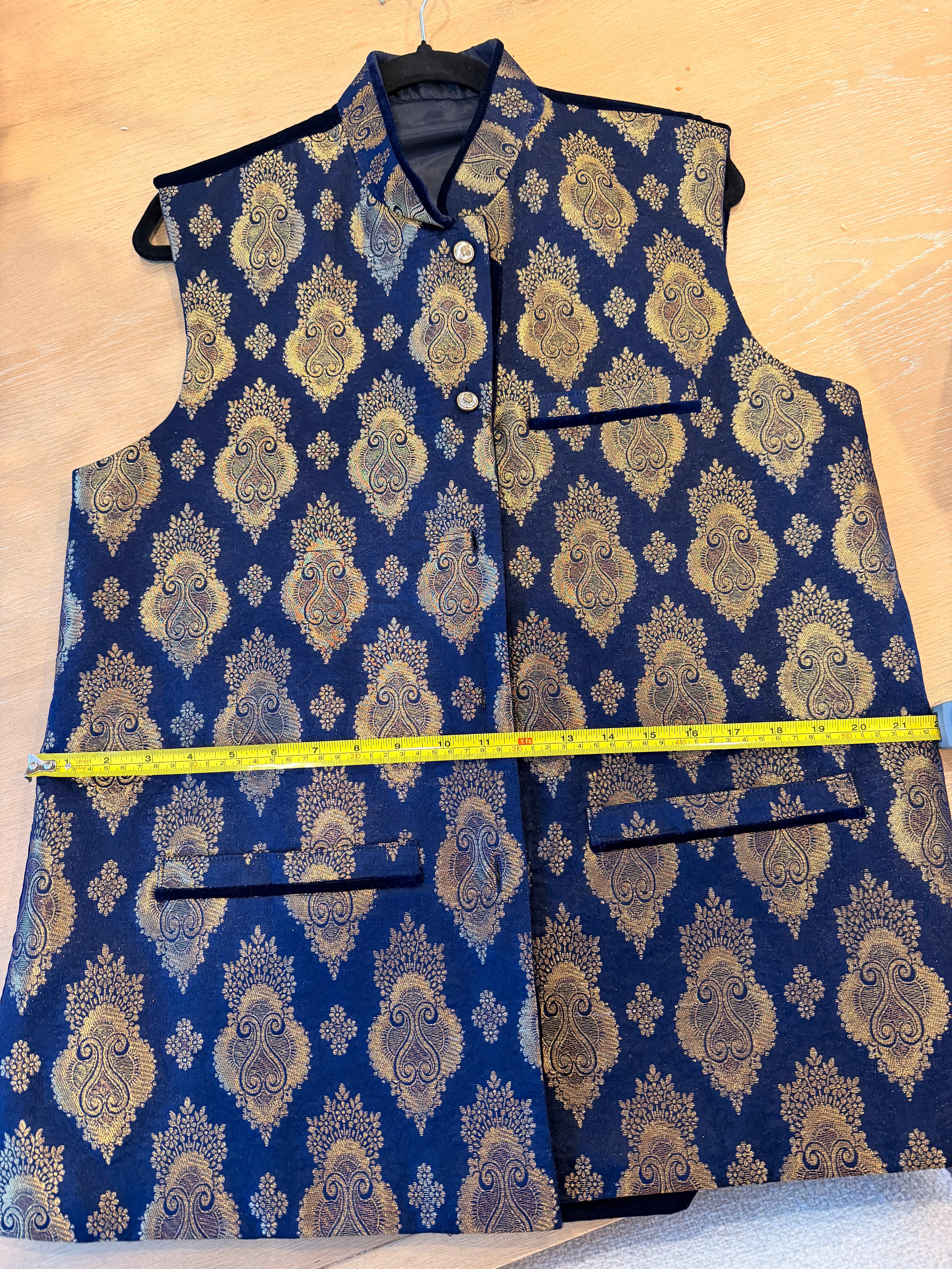 New Dark Navy & Gold Brocade Long Waistcoat / Sherwani Vest