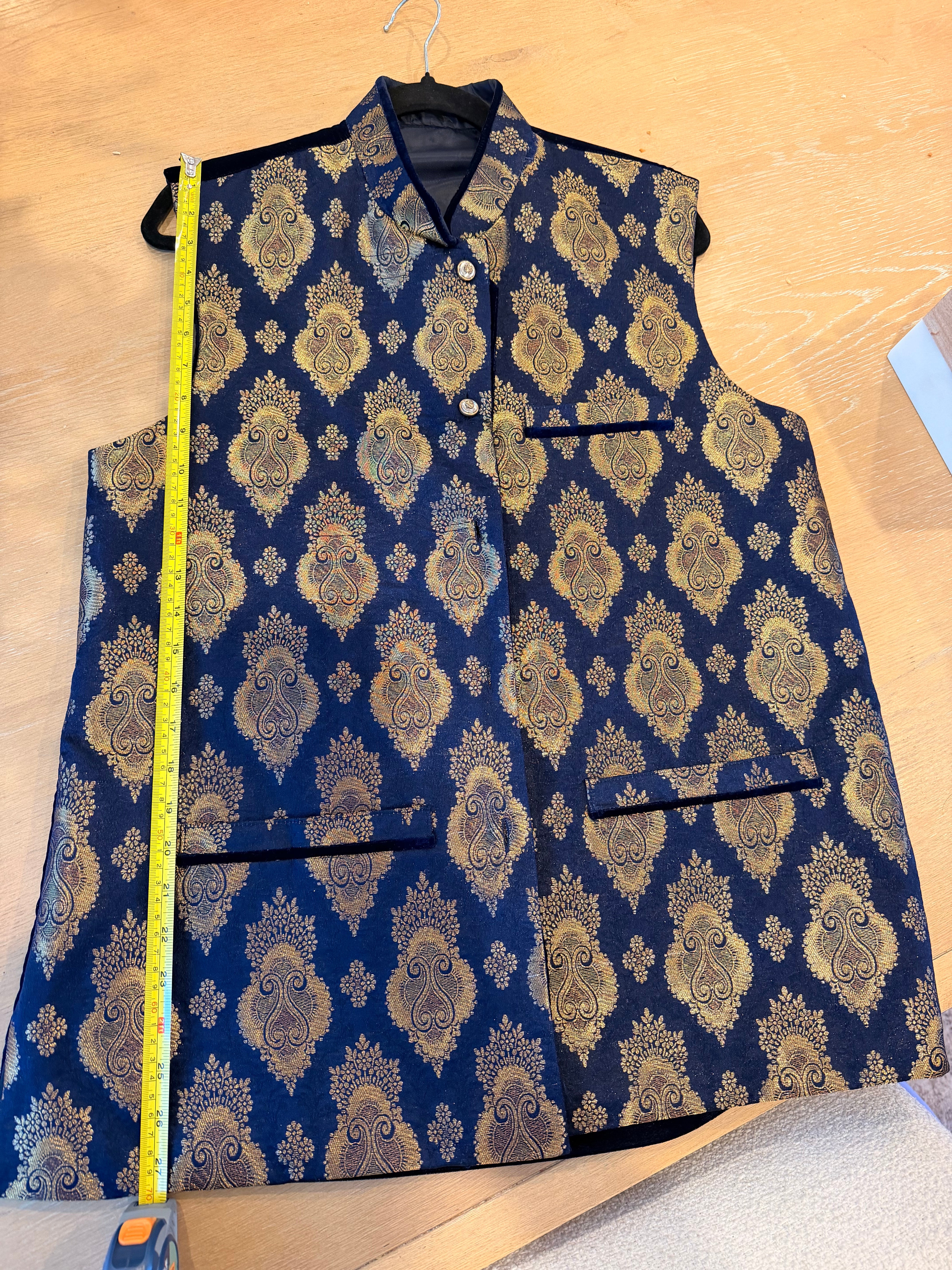 New Dark Navy & Gold Brocade Long Waistcoat / Sherwani Vest