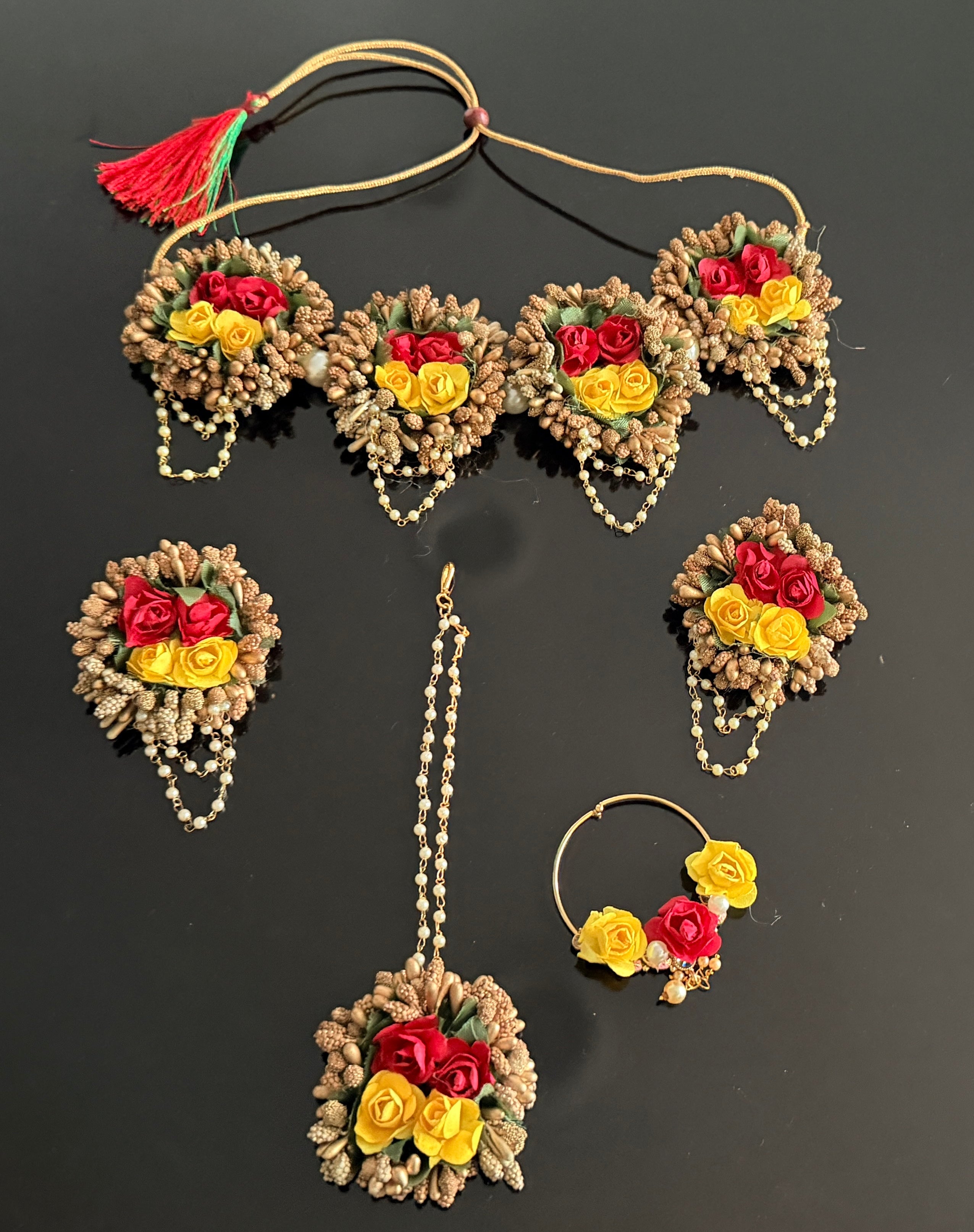 New Multicolor Floral Jewelry Set – Necklace, Earrings, Nath & Maang Tikka