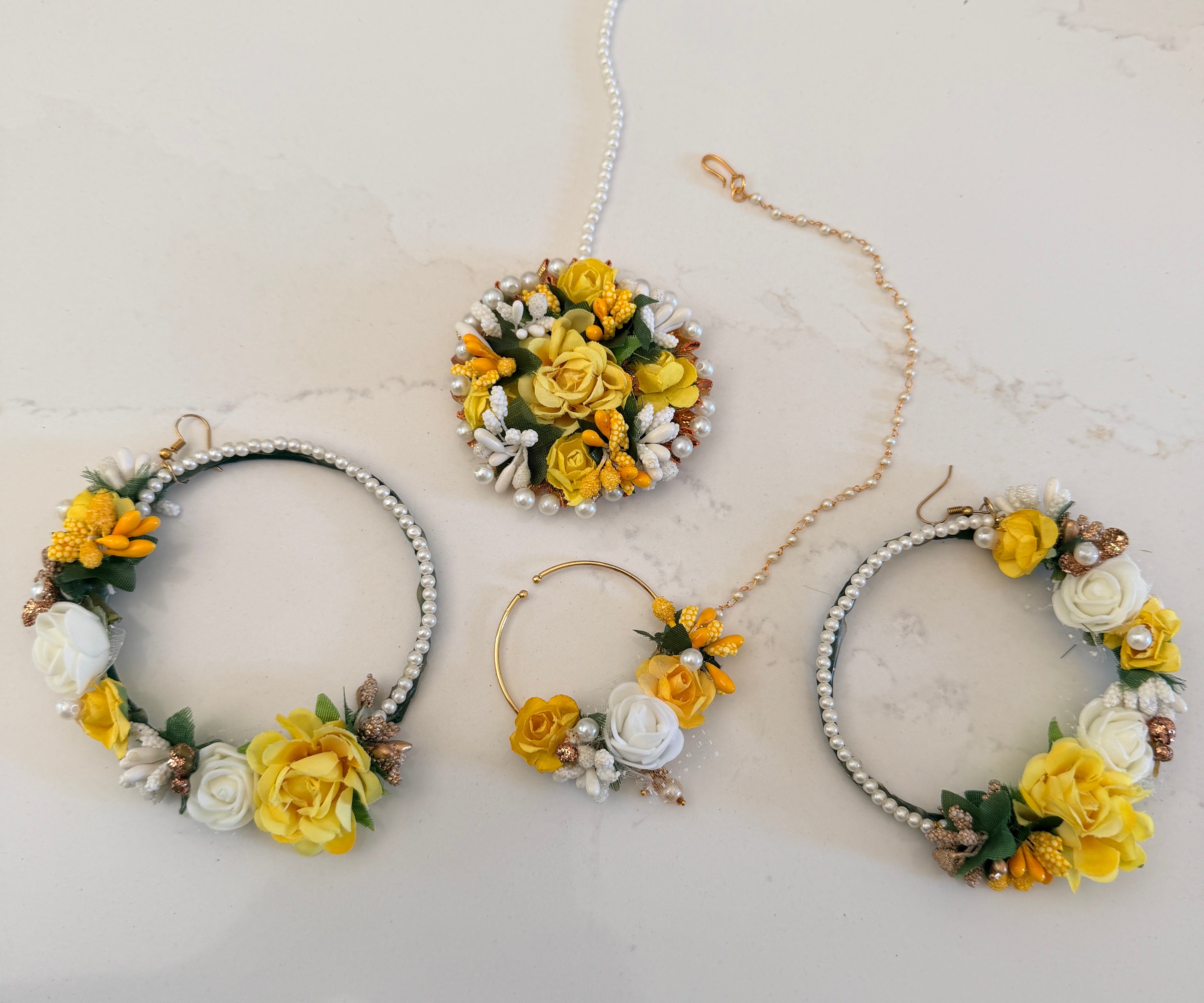 New Yellow & Ivory Floral Jewelry Set – Nath, Earrings & Maang Tikka