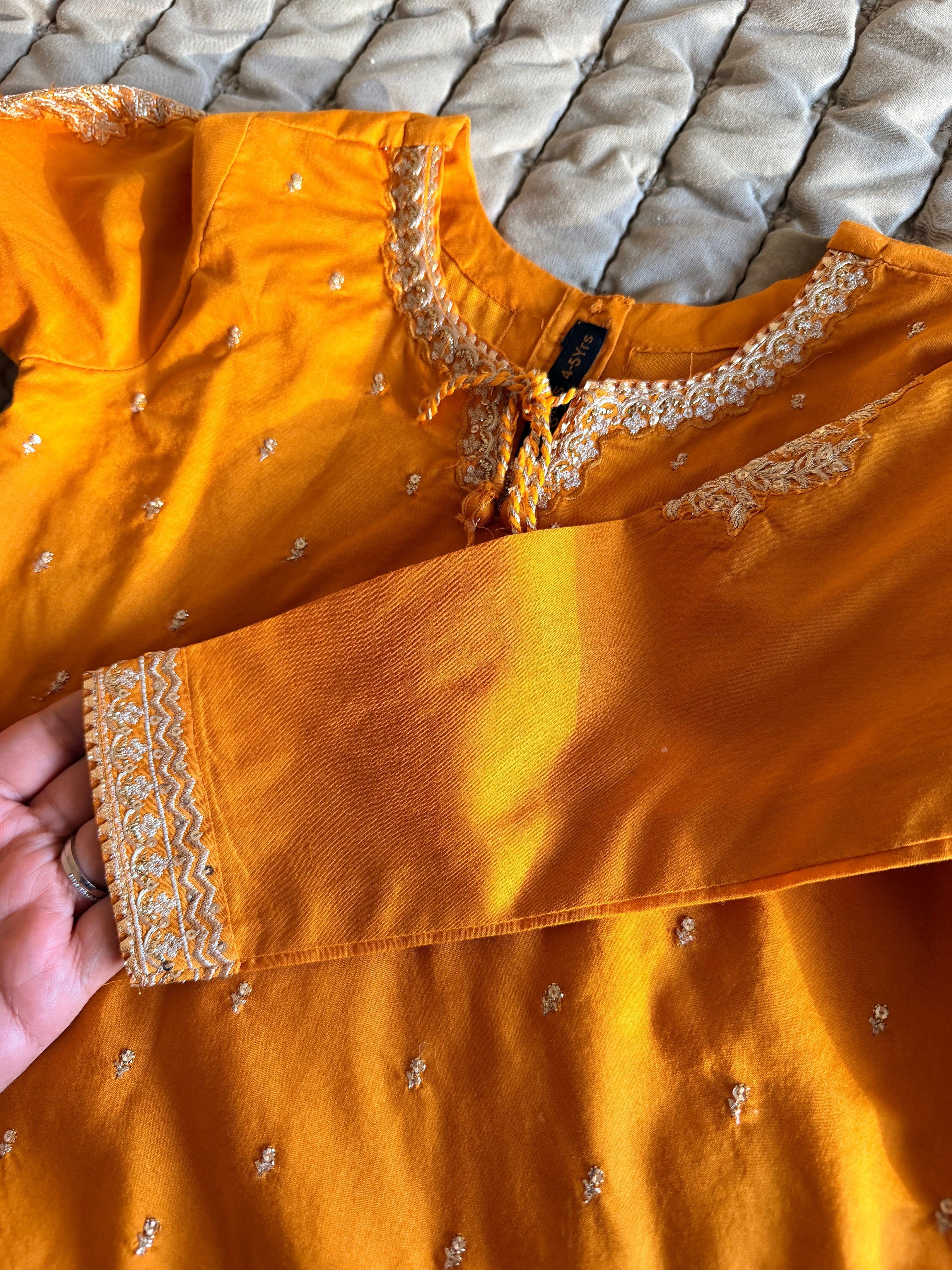 J. Girls by Junaid Jamshed Mustard Silk-Finish Lawn Embroidered 3-Piece Shalwar Suit – 4–5 Years