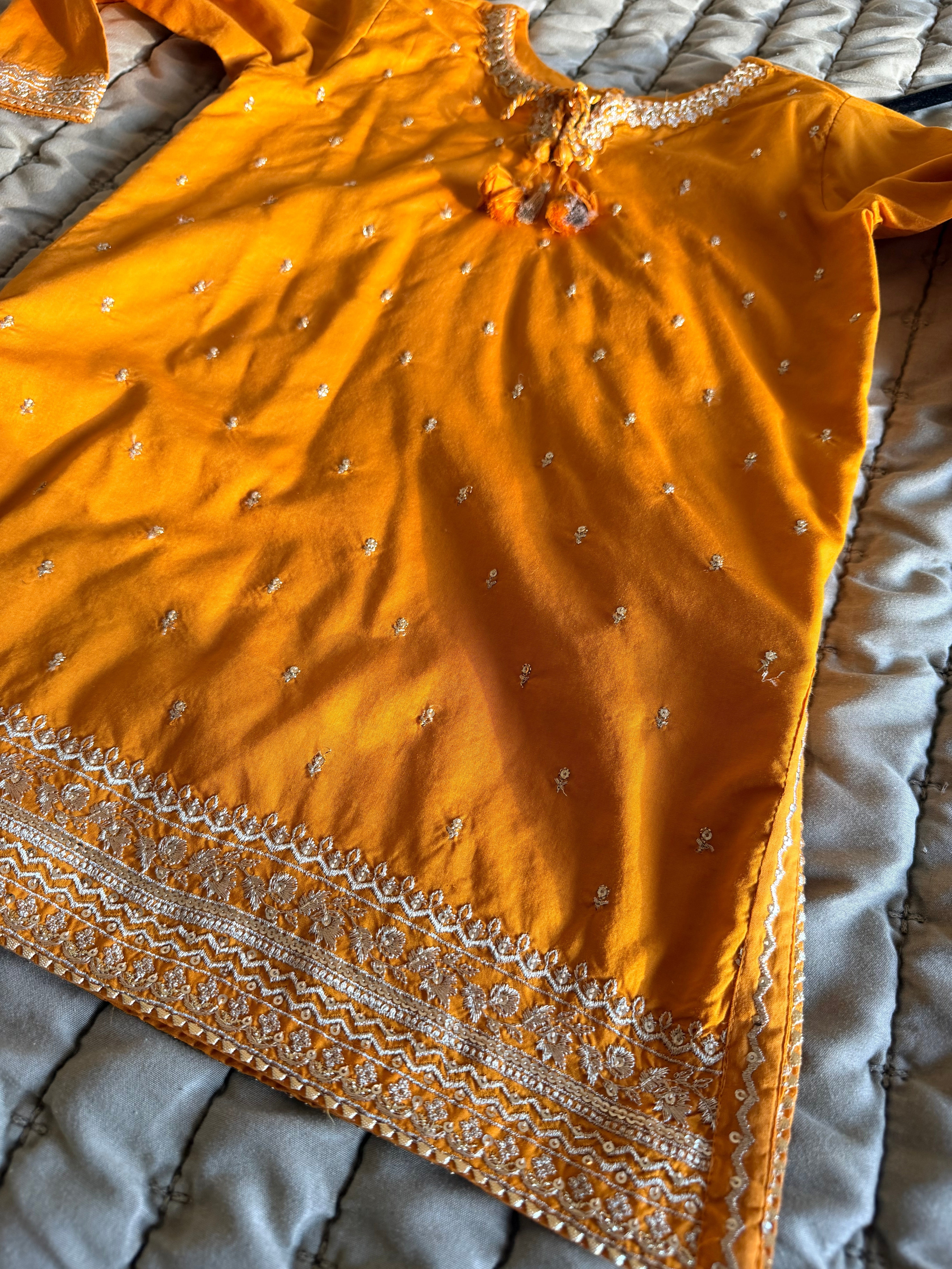 J. Girls by Junaid Jamshed Mustard Silk-Finish Lawn Embroidered 3-Piece Shalwar Suit – 4–5 Years