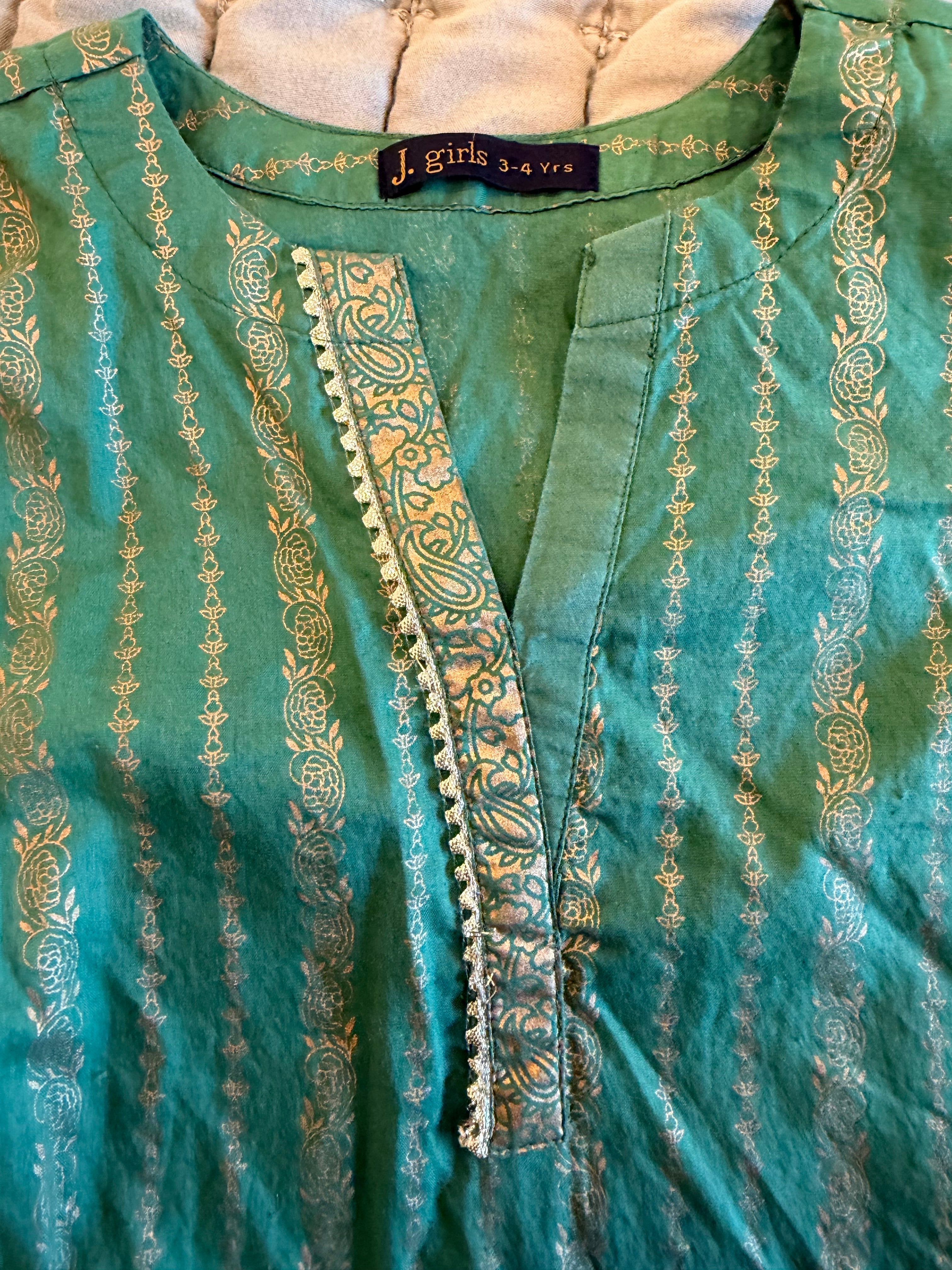 J. Girls Green & Gold Printed Lawn 2-Piece Shalwar Suit – 3–4 Years