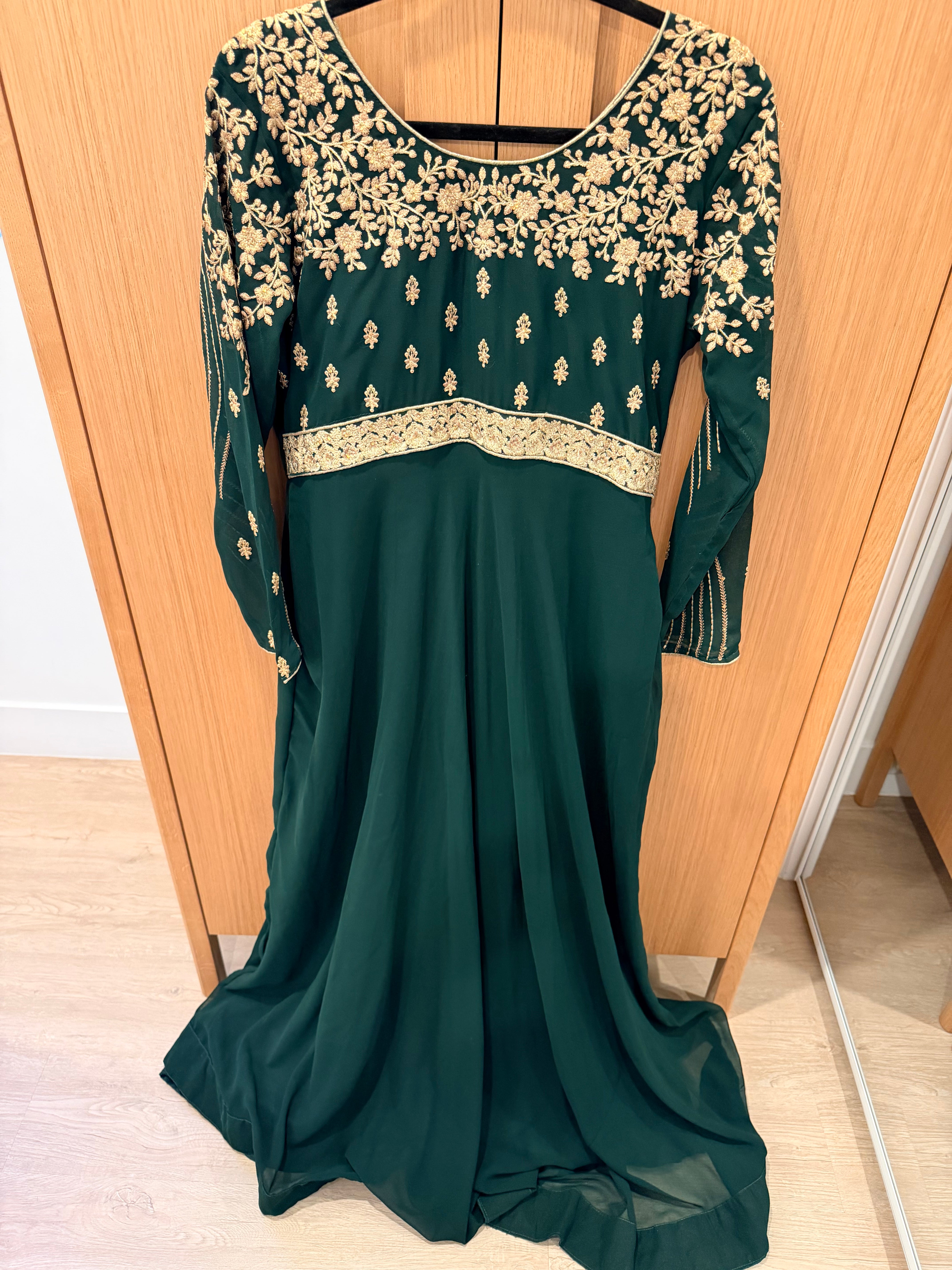 Emerald Green Embroidered Anarkali with Churidar & Net Dupatta