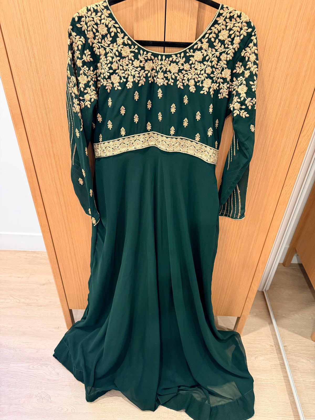 Emerald Green Embroidered Anarkali with Churidar & Net Dupatta