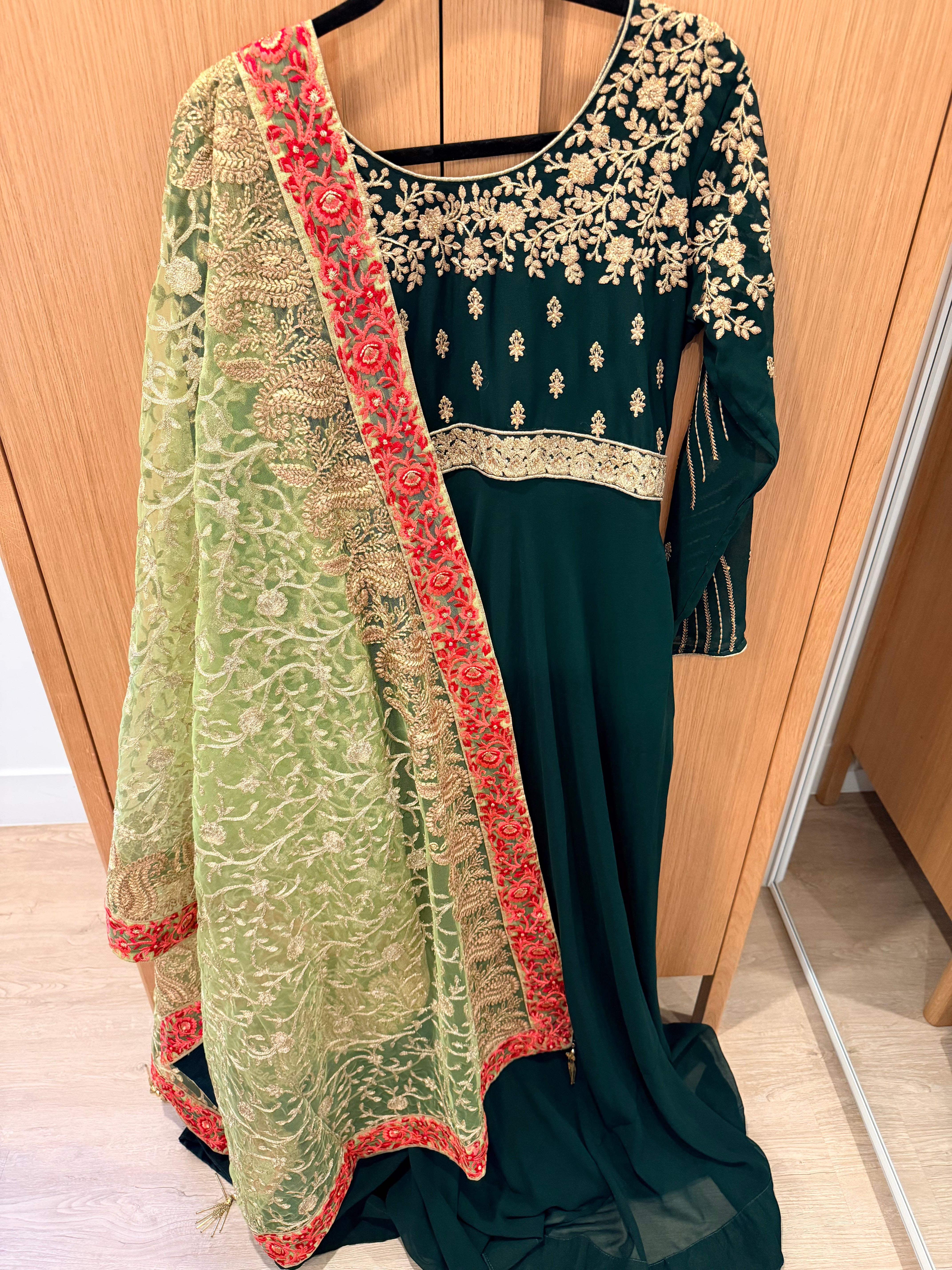 Emerald Green Embroidered Anarkali with Churidar & Net Dupatta