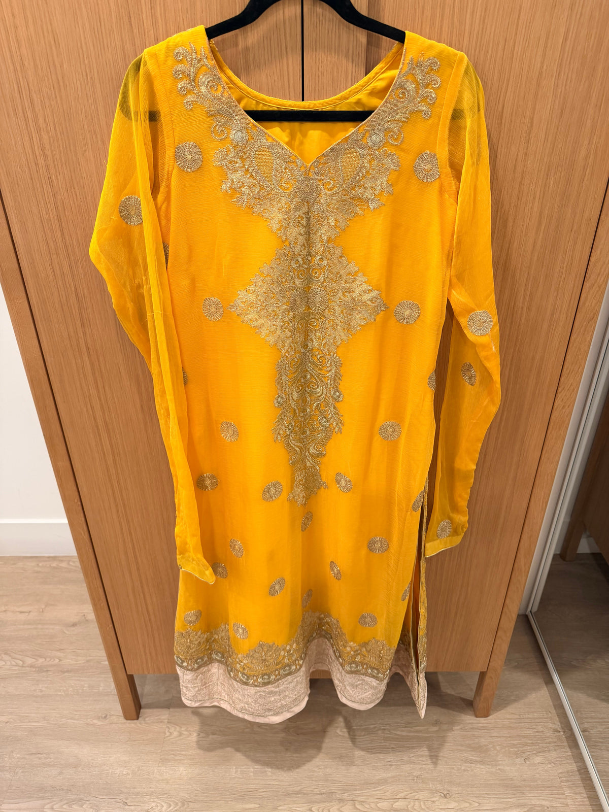 Marigold Yellow Embroidered Chiffon 3-Piece Suit with Churidar Sleeves & Dupatta