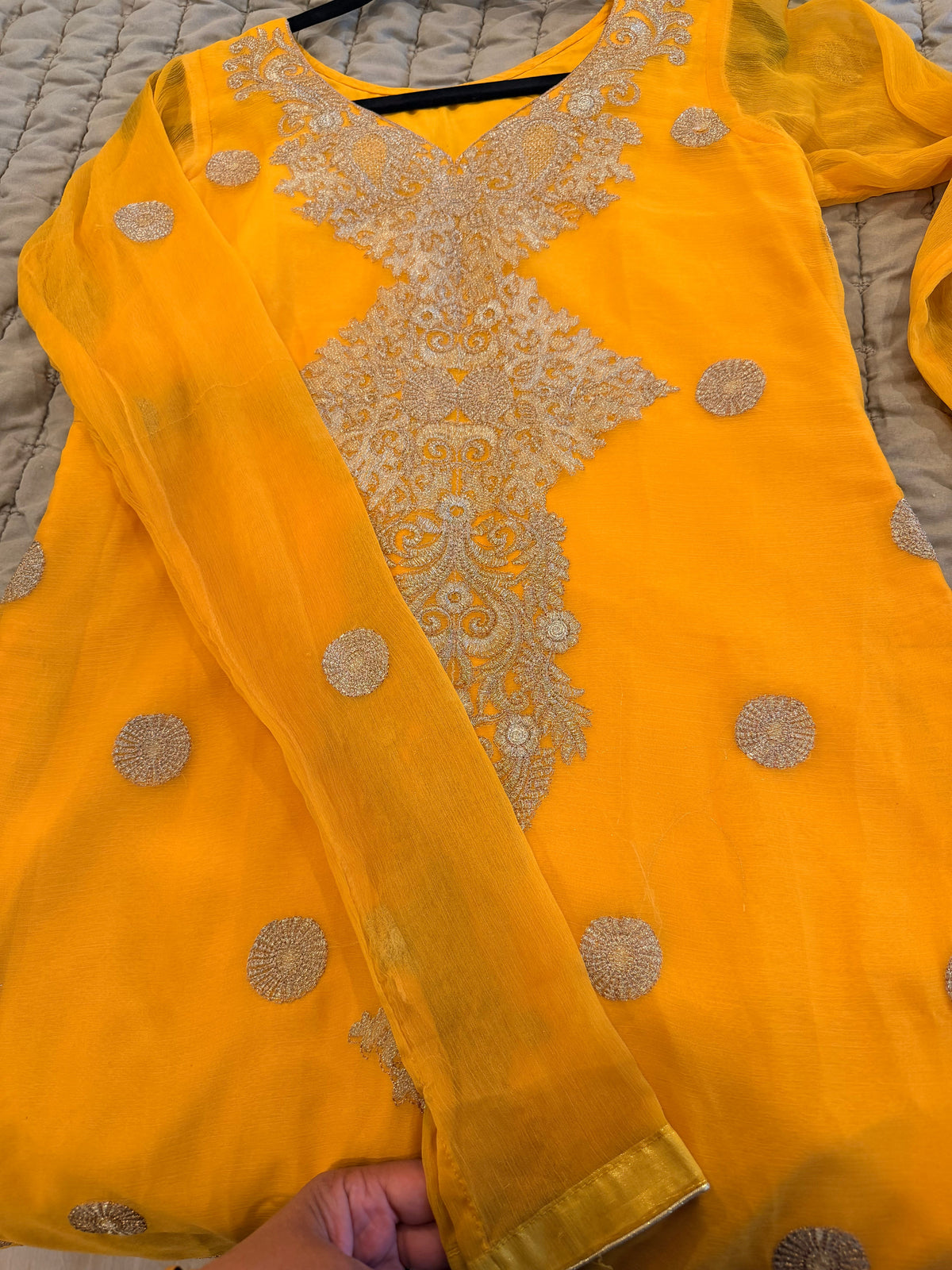 Marigold Yellow Embroidered Chiffon 3-Piece Suit with Churidar Sleeves & Dupatta