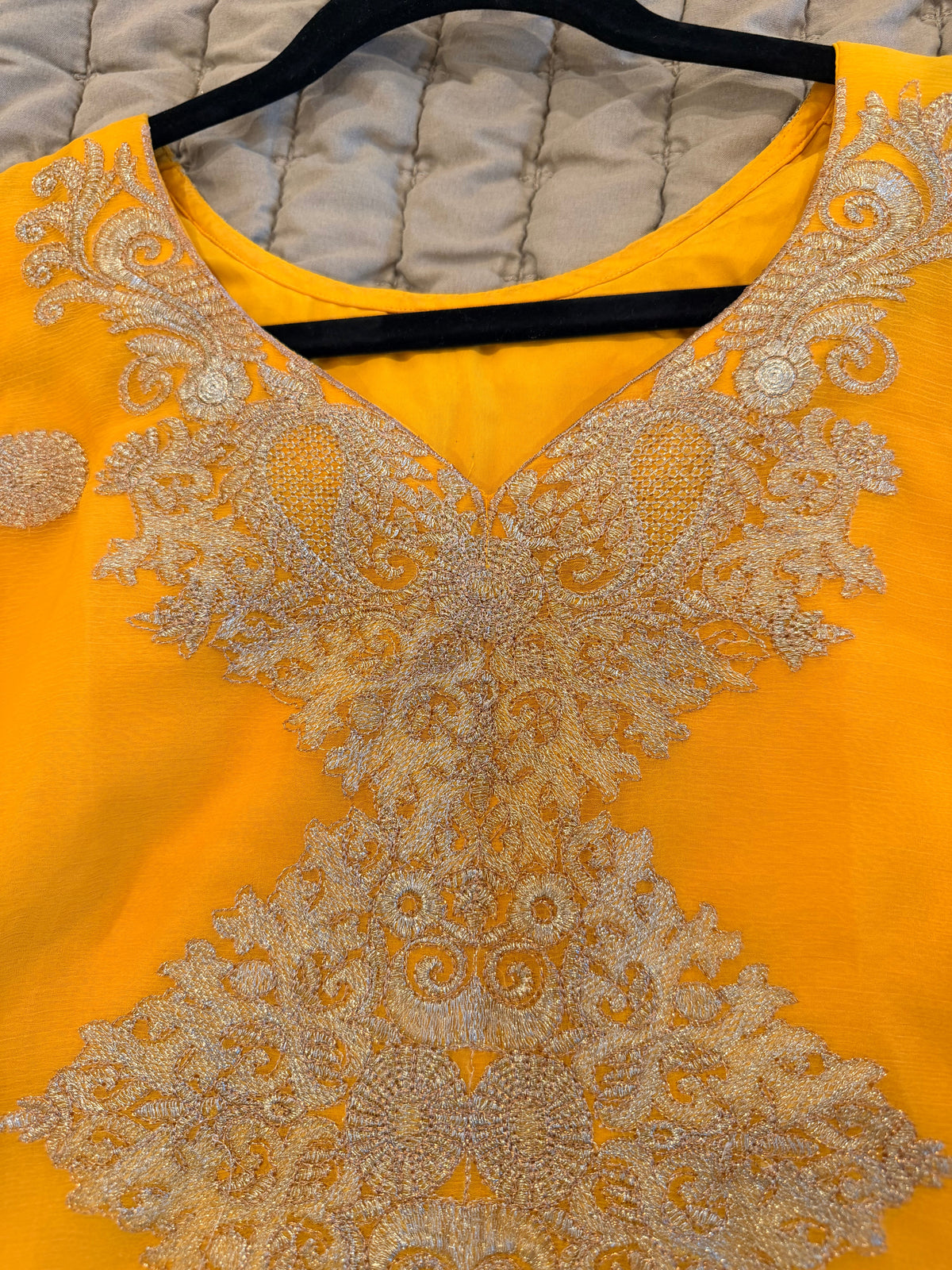 Marigold Yellow Embroidered Chiffon 3-Piece Suit with Churidar Sleeves & Dupatta