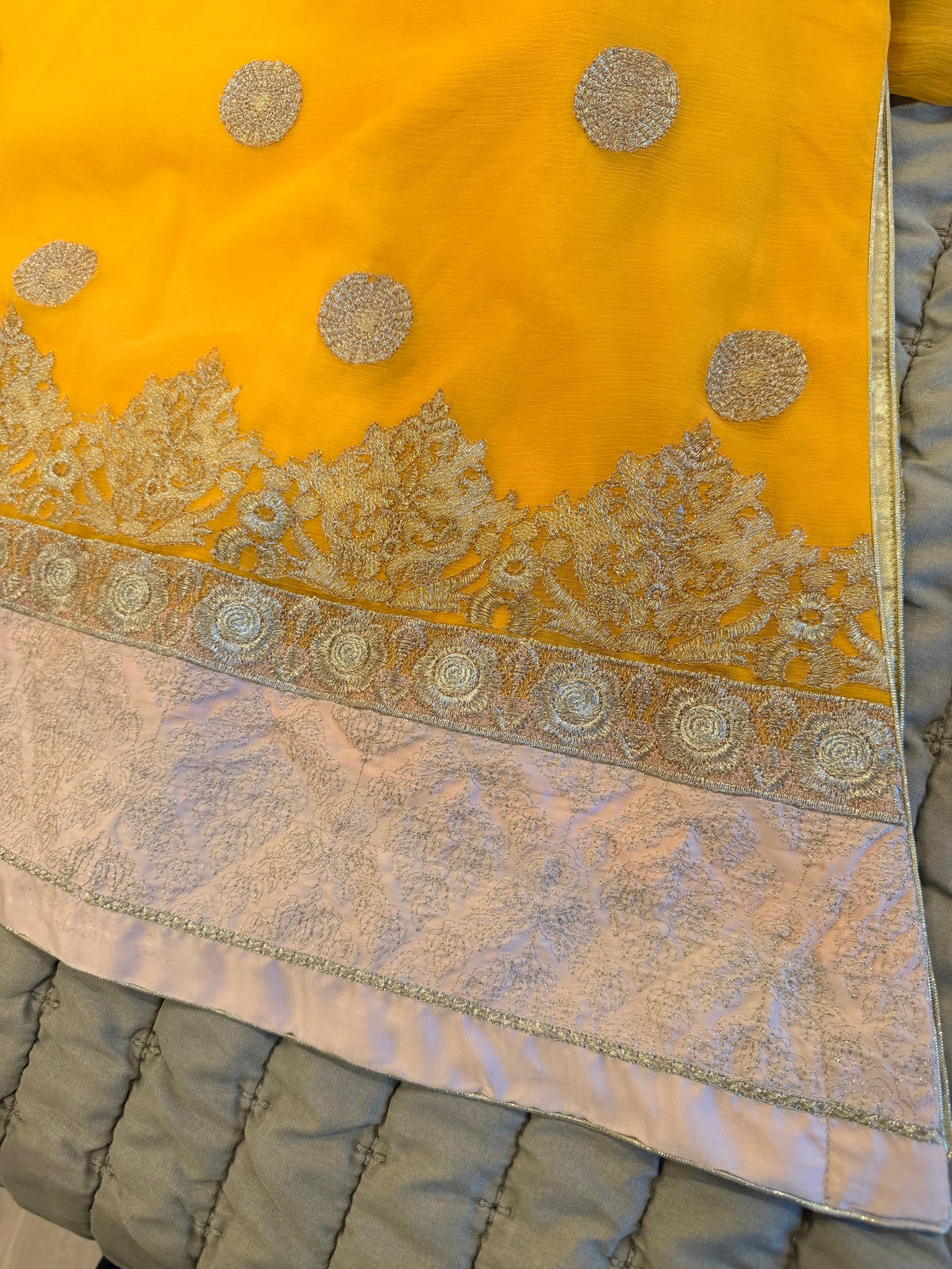 Marigold Yellow Embroidered Chiffon 3-Piece Suit with Churidar Sleeves & Dupatta