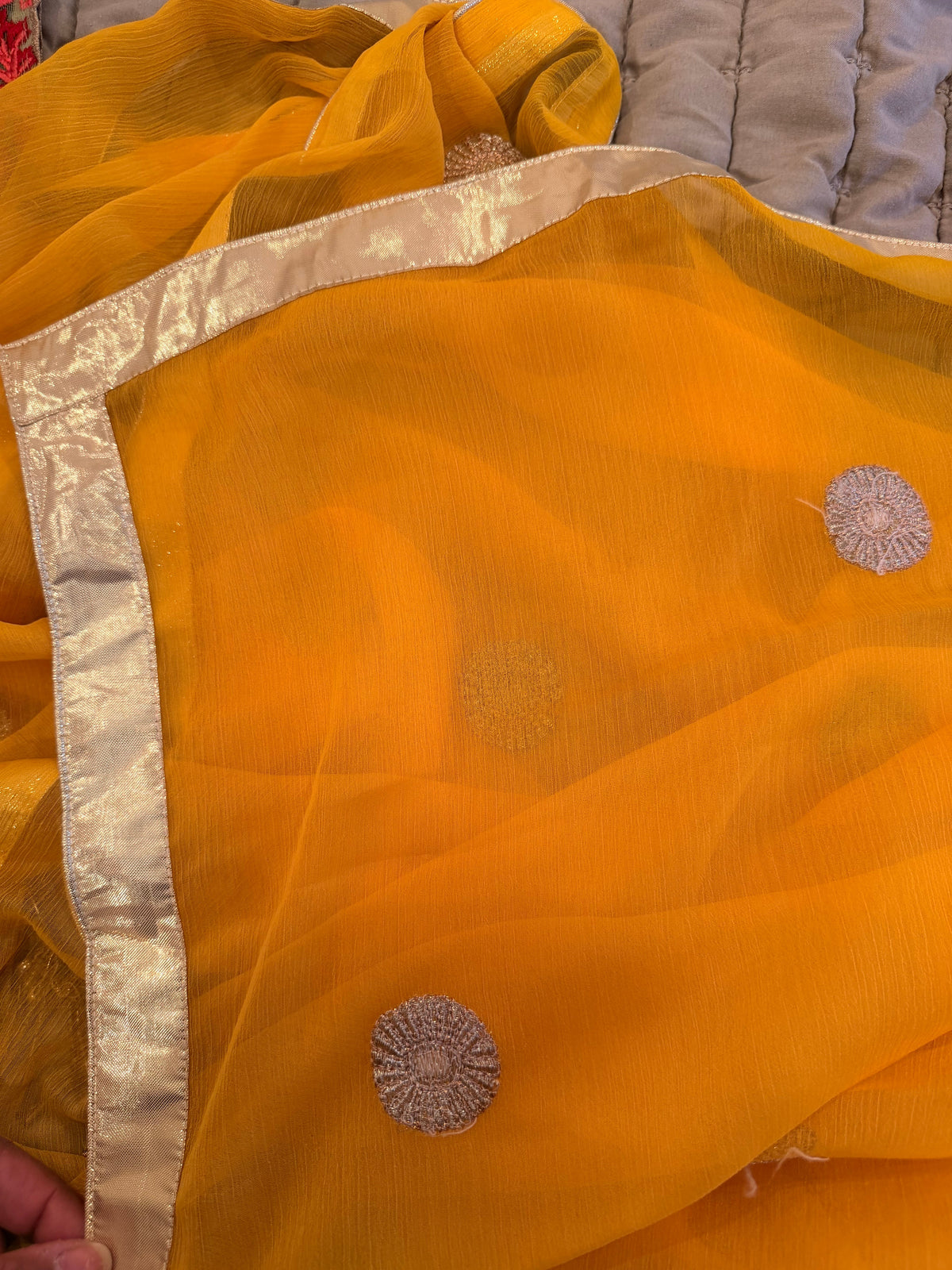Marigold Yellow Embroidered Chiffon 3-Piece Suit with Churidar Sleeves & Dupatta