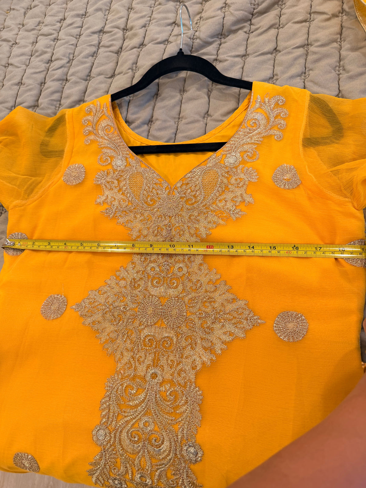 Marigold Yellow Embroidered Chiffon 3-Piece Suit with Churidar Sleeves & Dupatta
