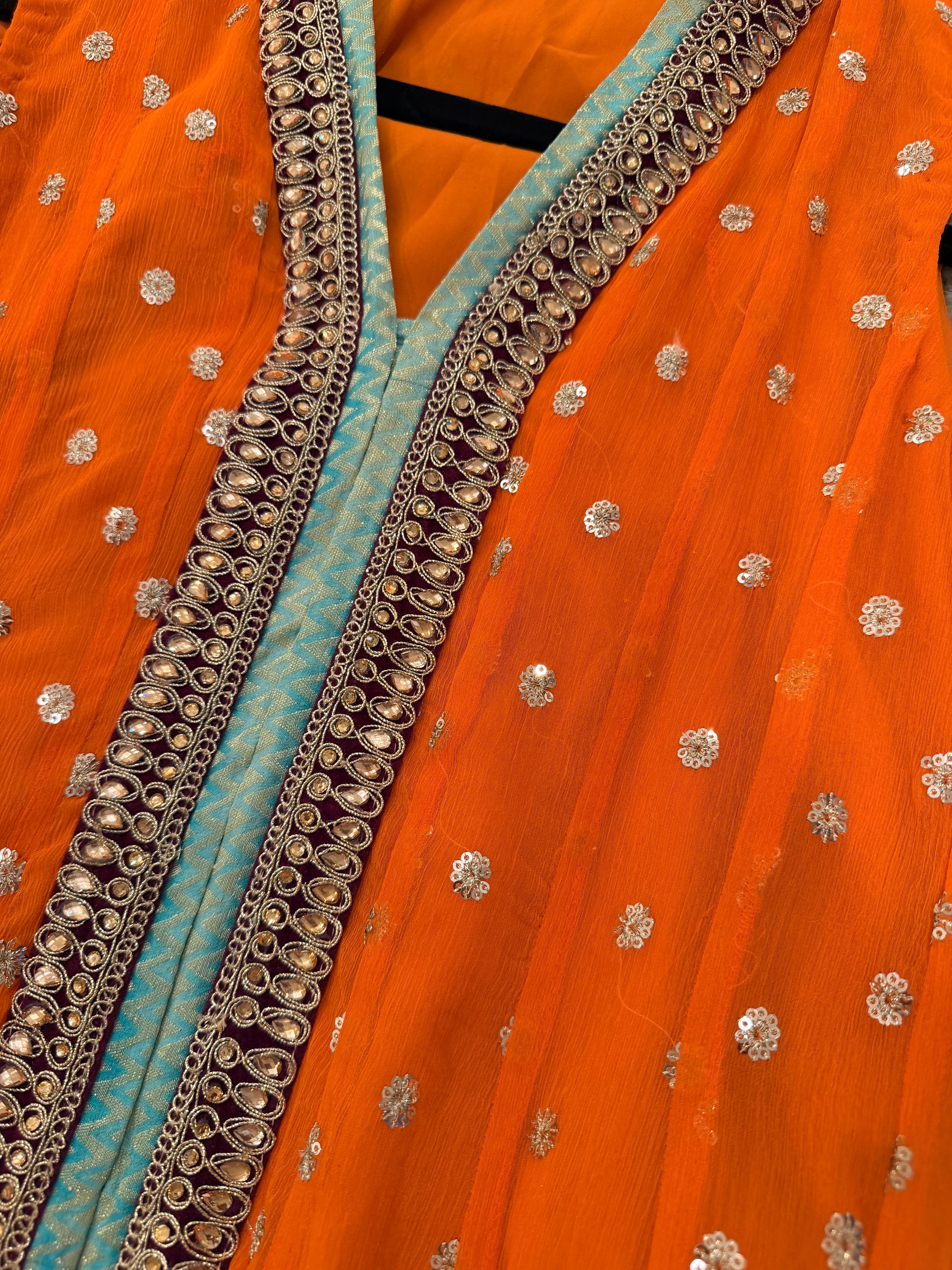 Saima Rahim Custom - Vibrant Orange Sharara Set with Banarasi Pants & Contrast Dupatta