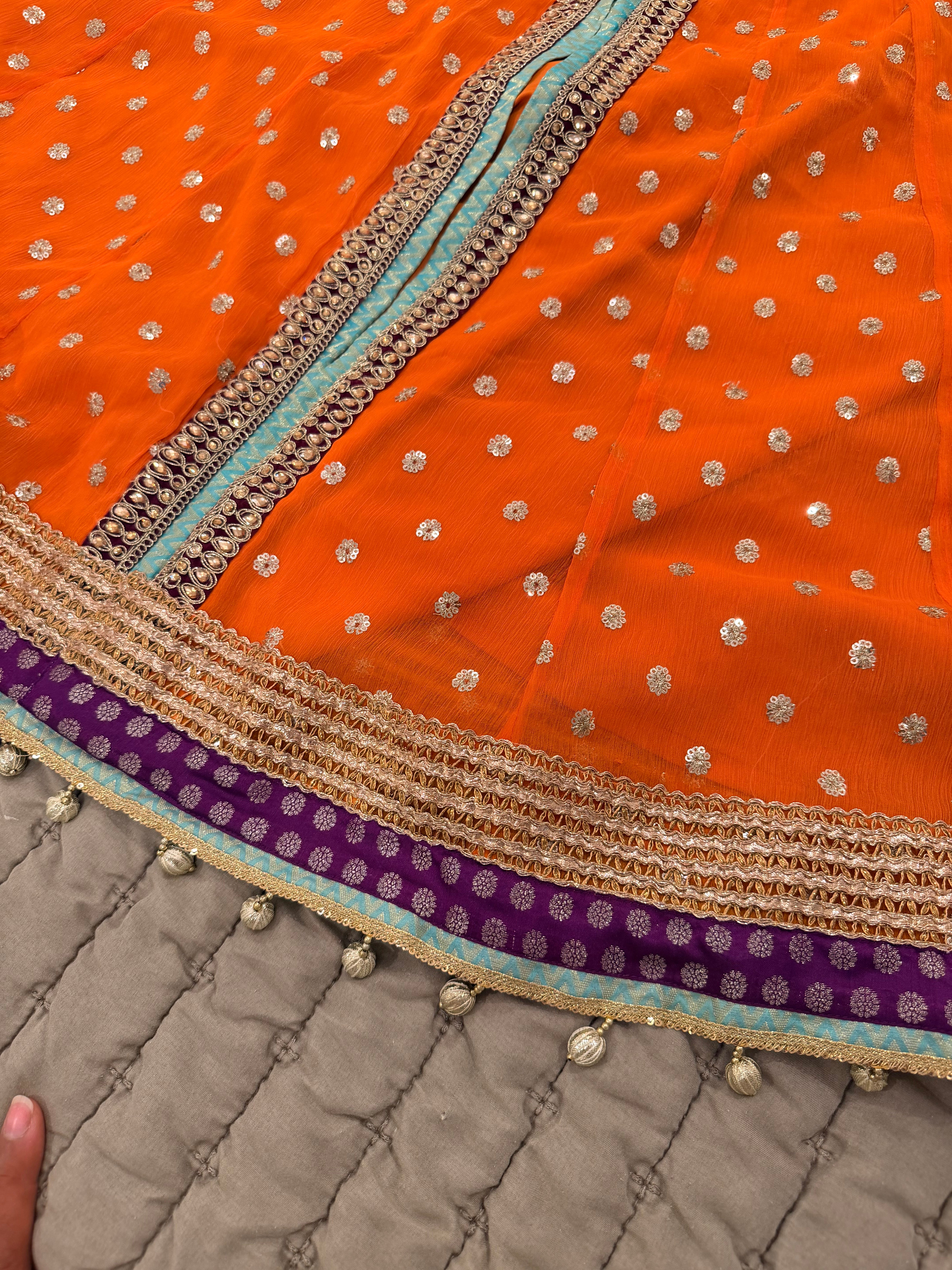 Saima Rahim Custom - Vibrant Orange Sharara Set with Banarasi Pants & Contrast Dupatta
