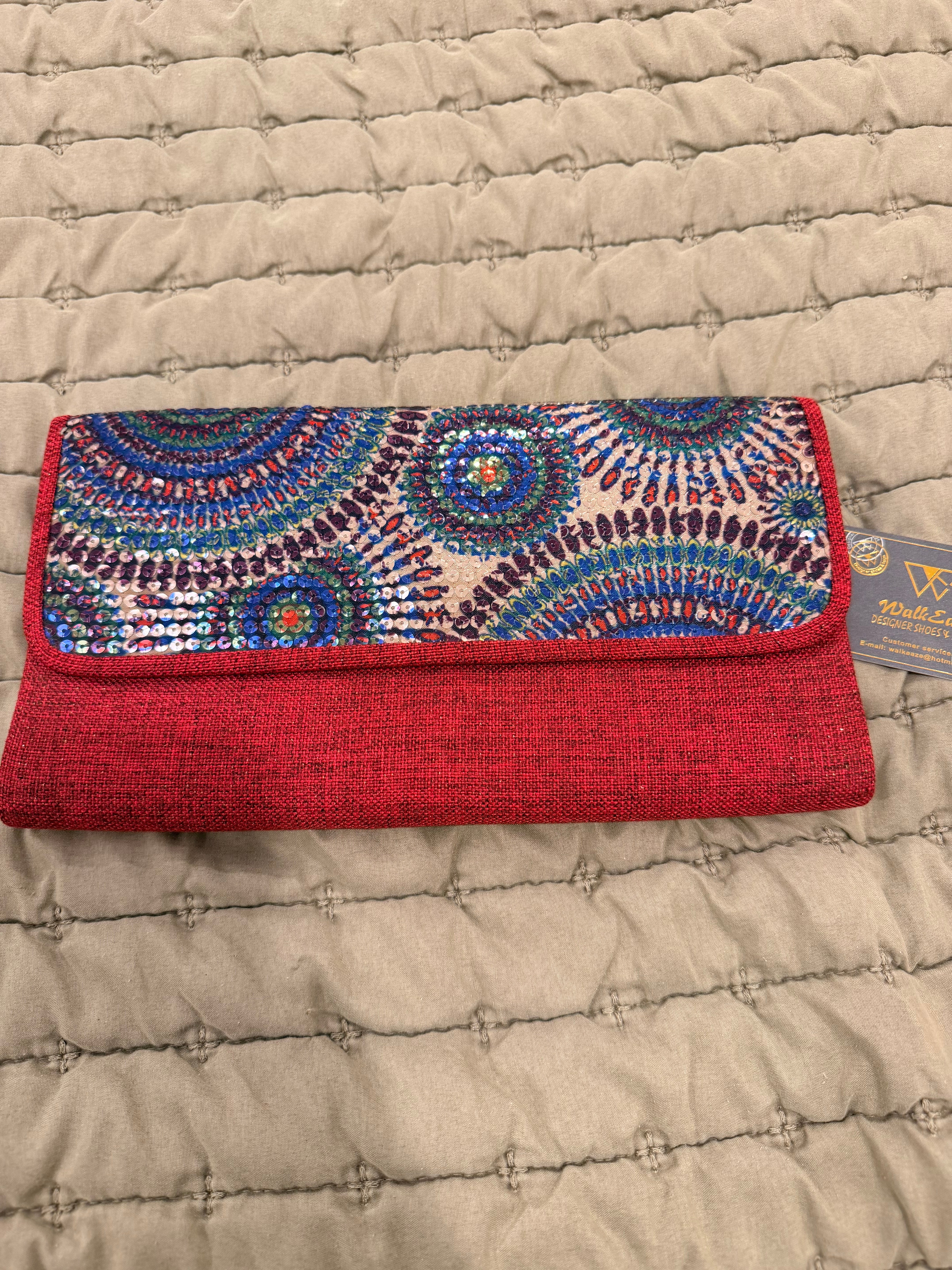 Brand New Red Embroidered Evening Clutch with Detachable Chain