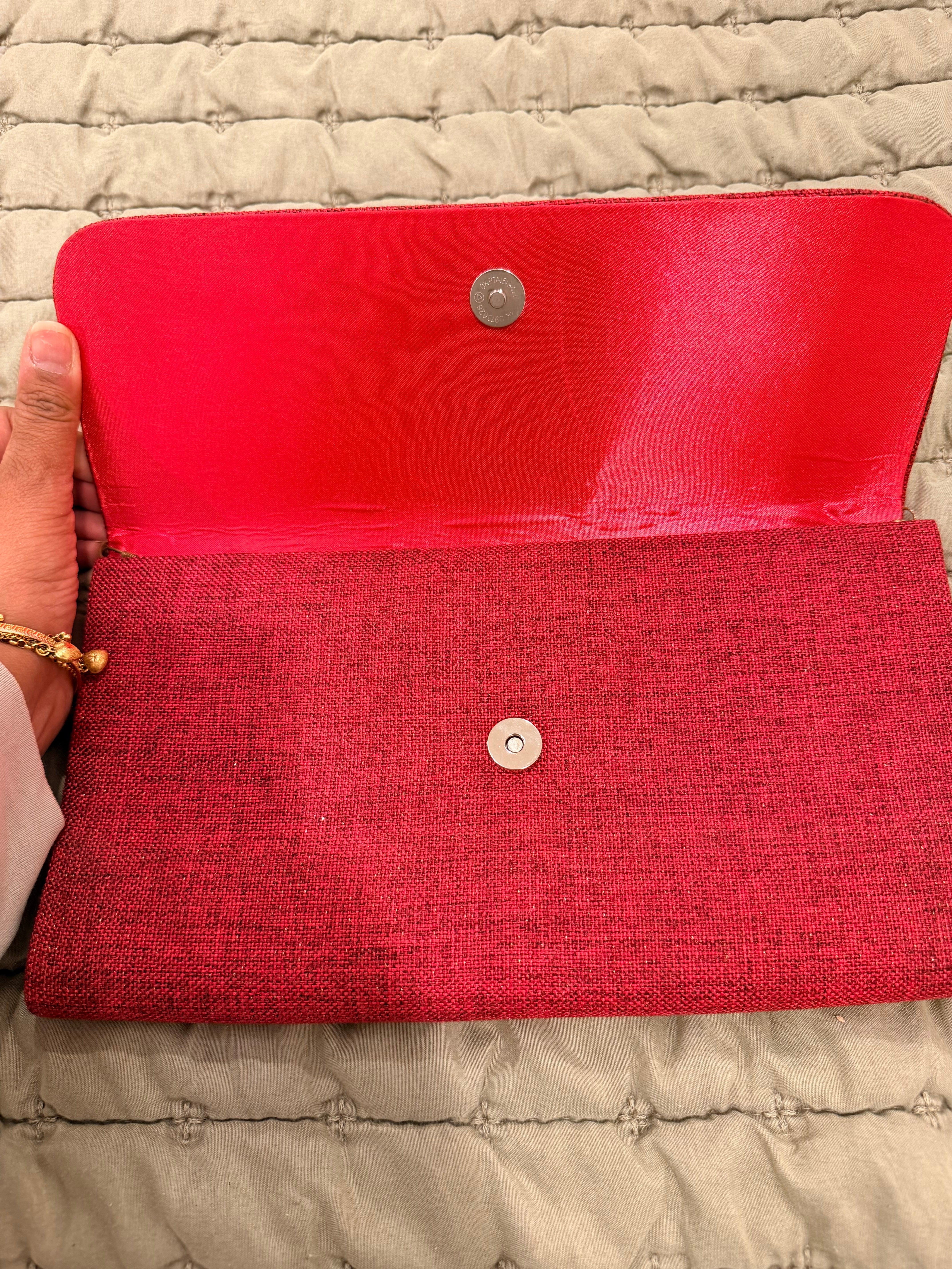 Brand New Red Embroidered Evening Clutch with Detachable Chain