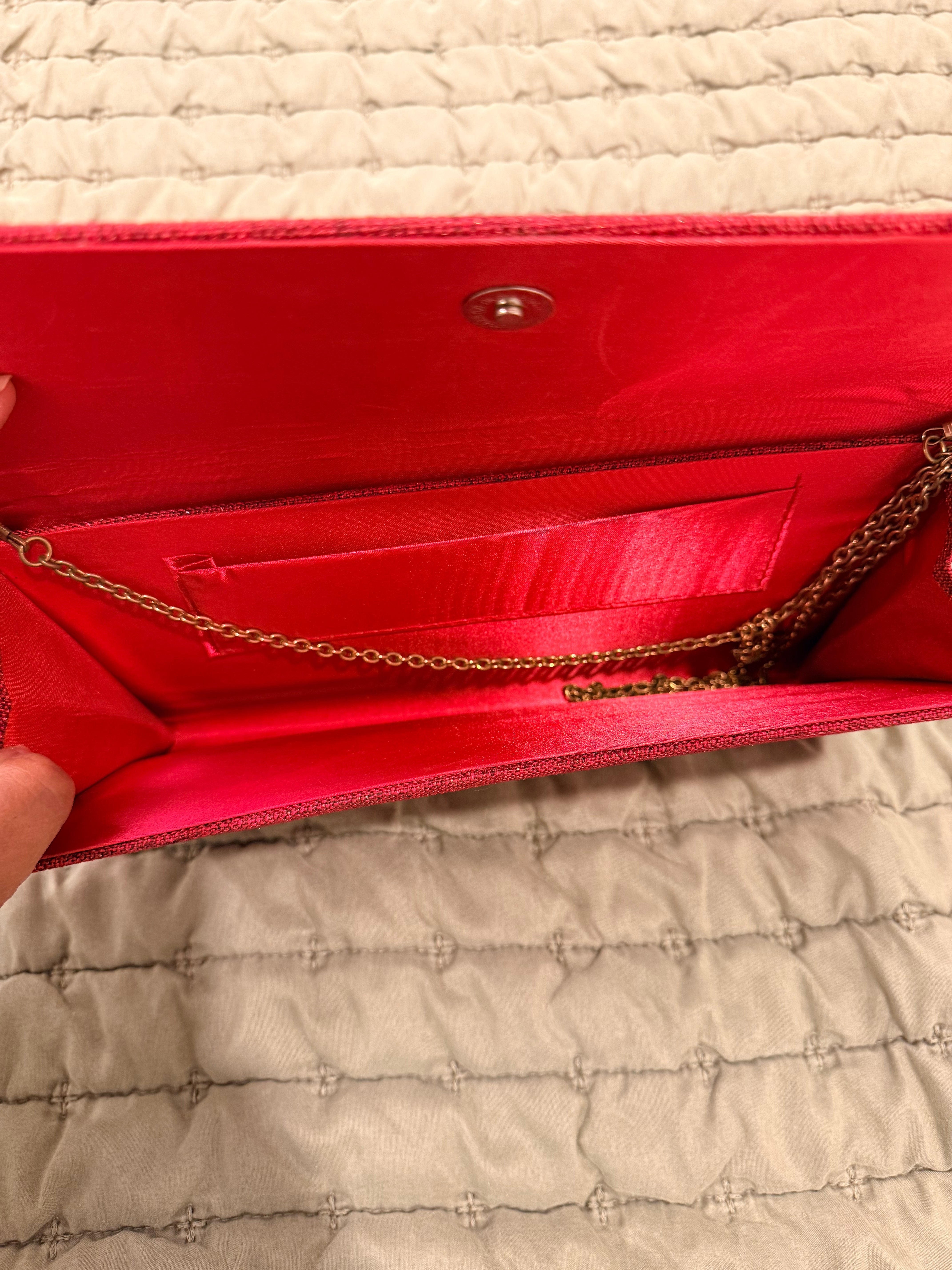 Brand New Red Embroidered Evening Clutch with Detachable Chain