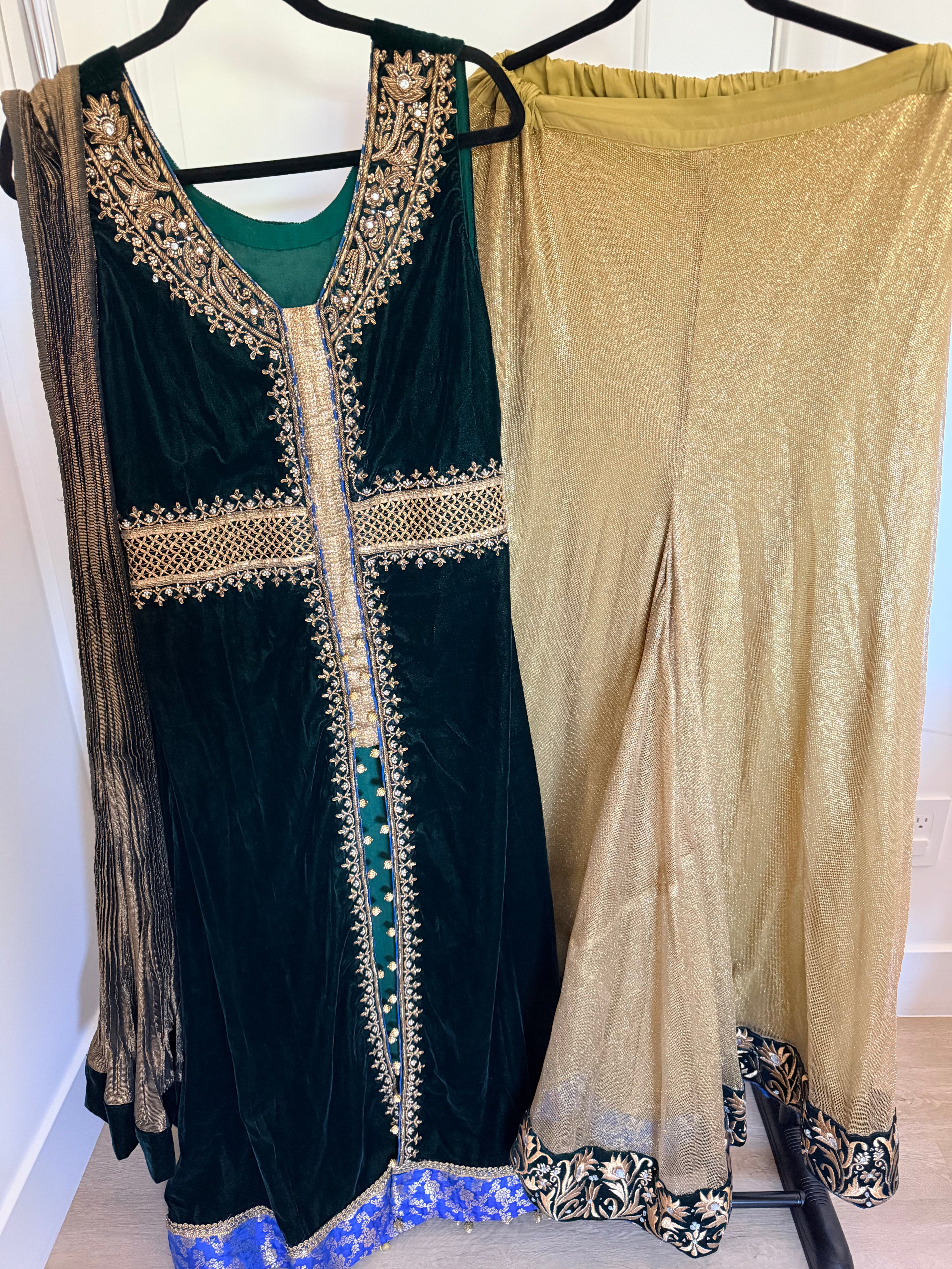 Emerald Green Velvet Zari-Embroidered 3-Piece Formal Set with Gold Palazzo Pants