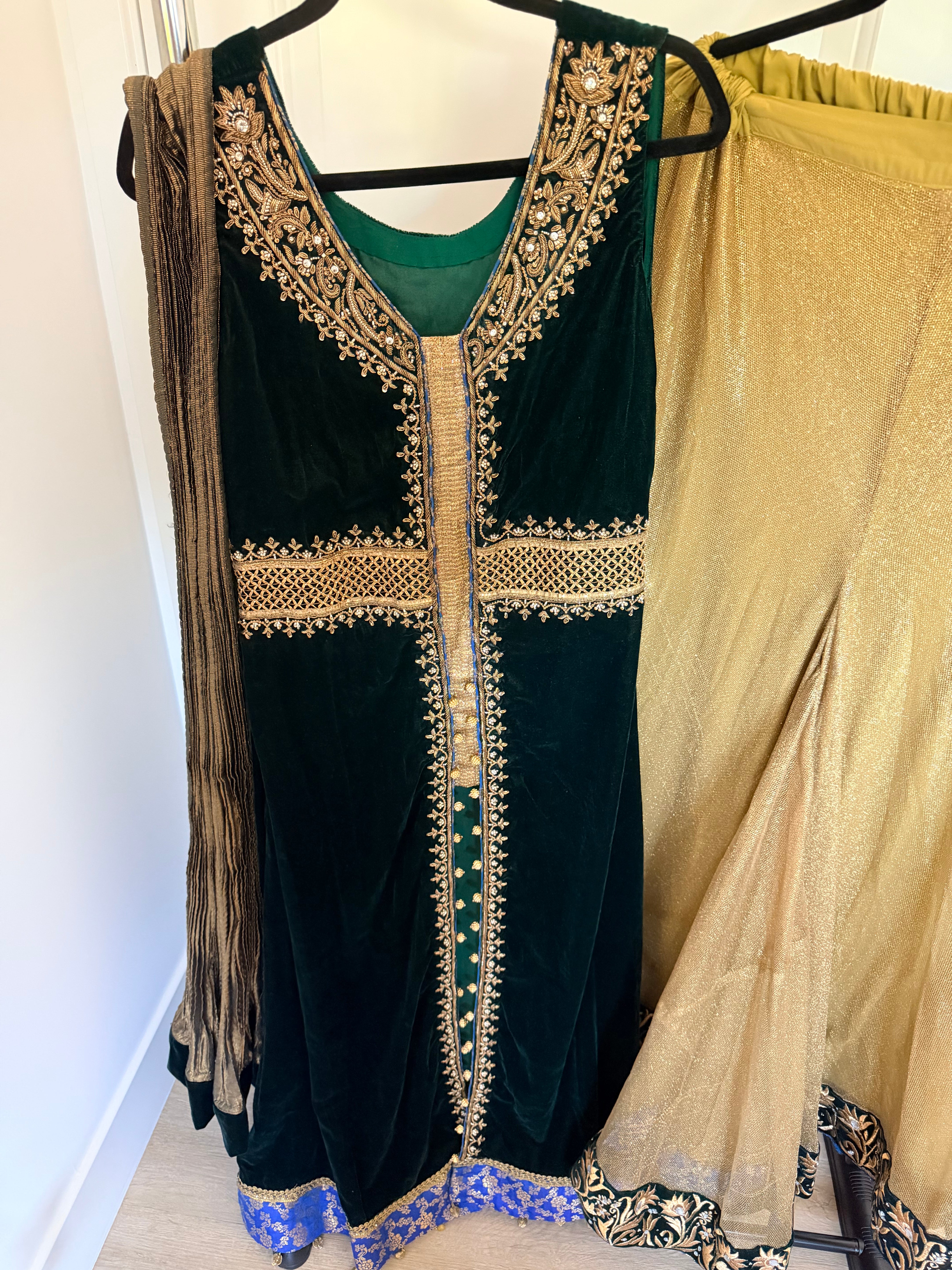 Emerald Green Velvet Zari-Embroidered 3-Piece Formal Set with Gold Palazzo Pants