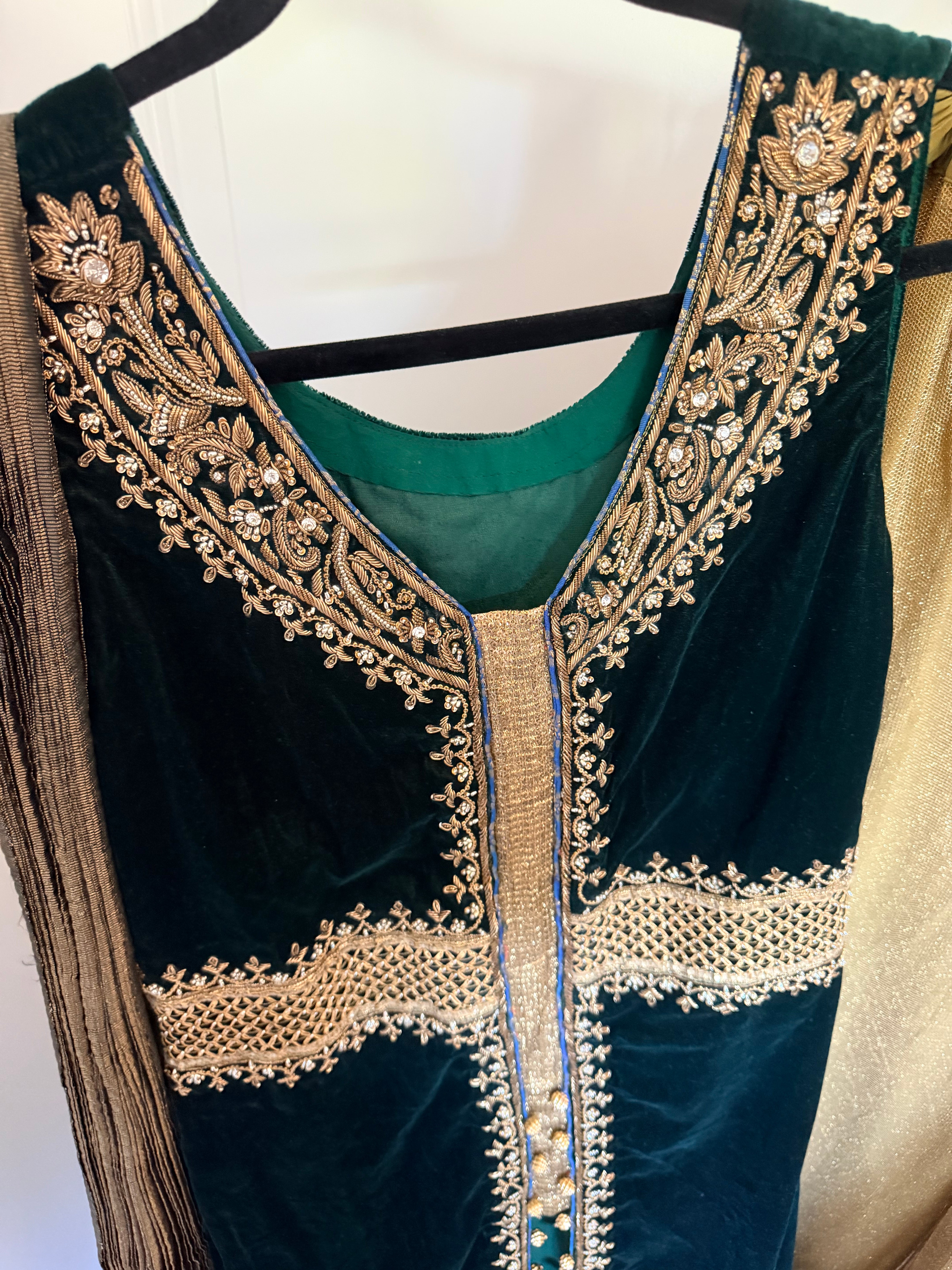 Emerald Green Velvet Zari-Embroidered 3-Piece Formal Set with Gold Palazzo Pants