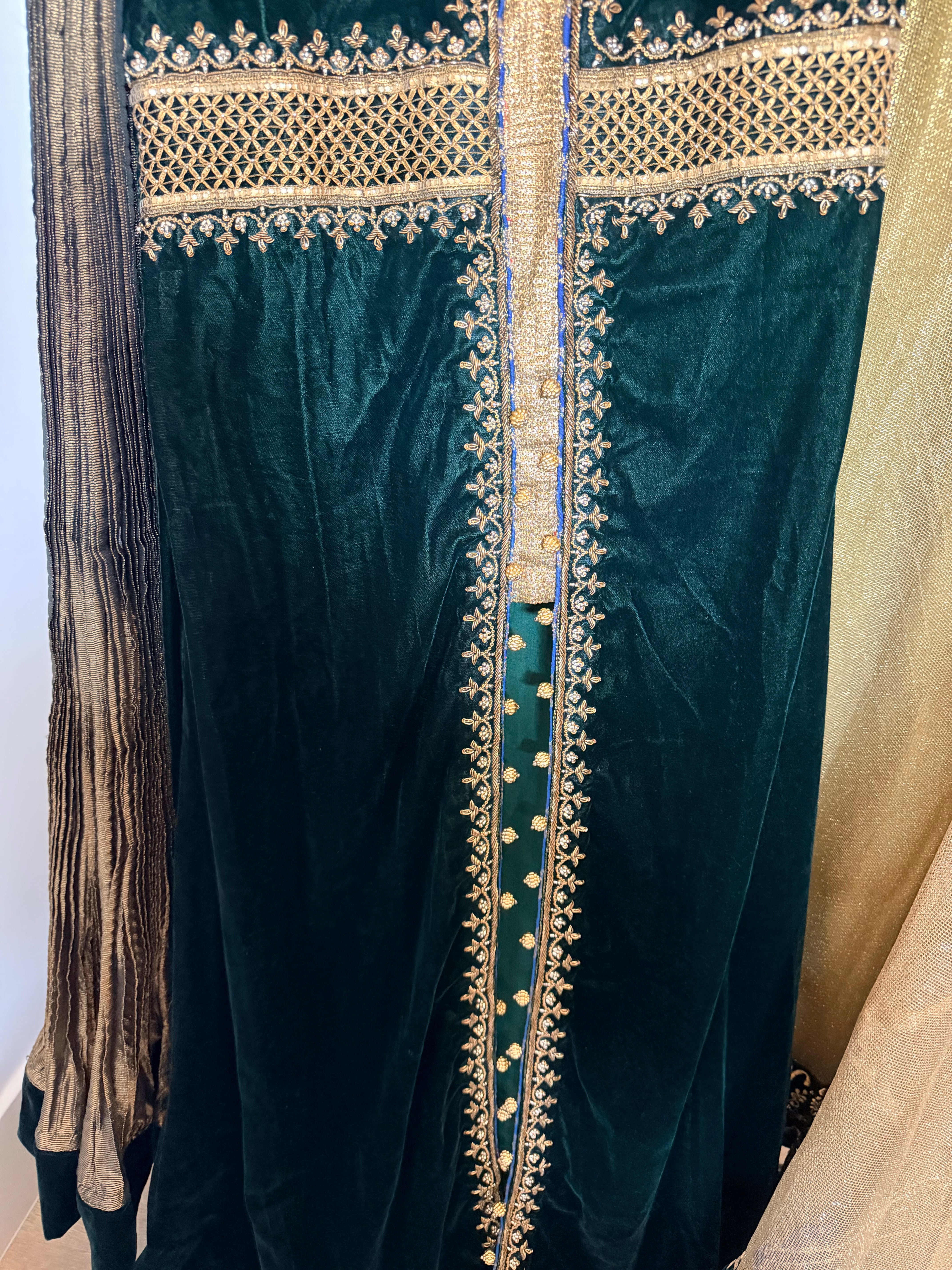 Emerald Green Velvet Zari-Embroidered 3-Piece Formal Set with Gold Palazzo Pants