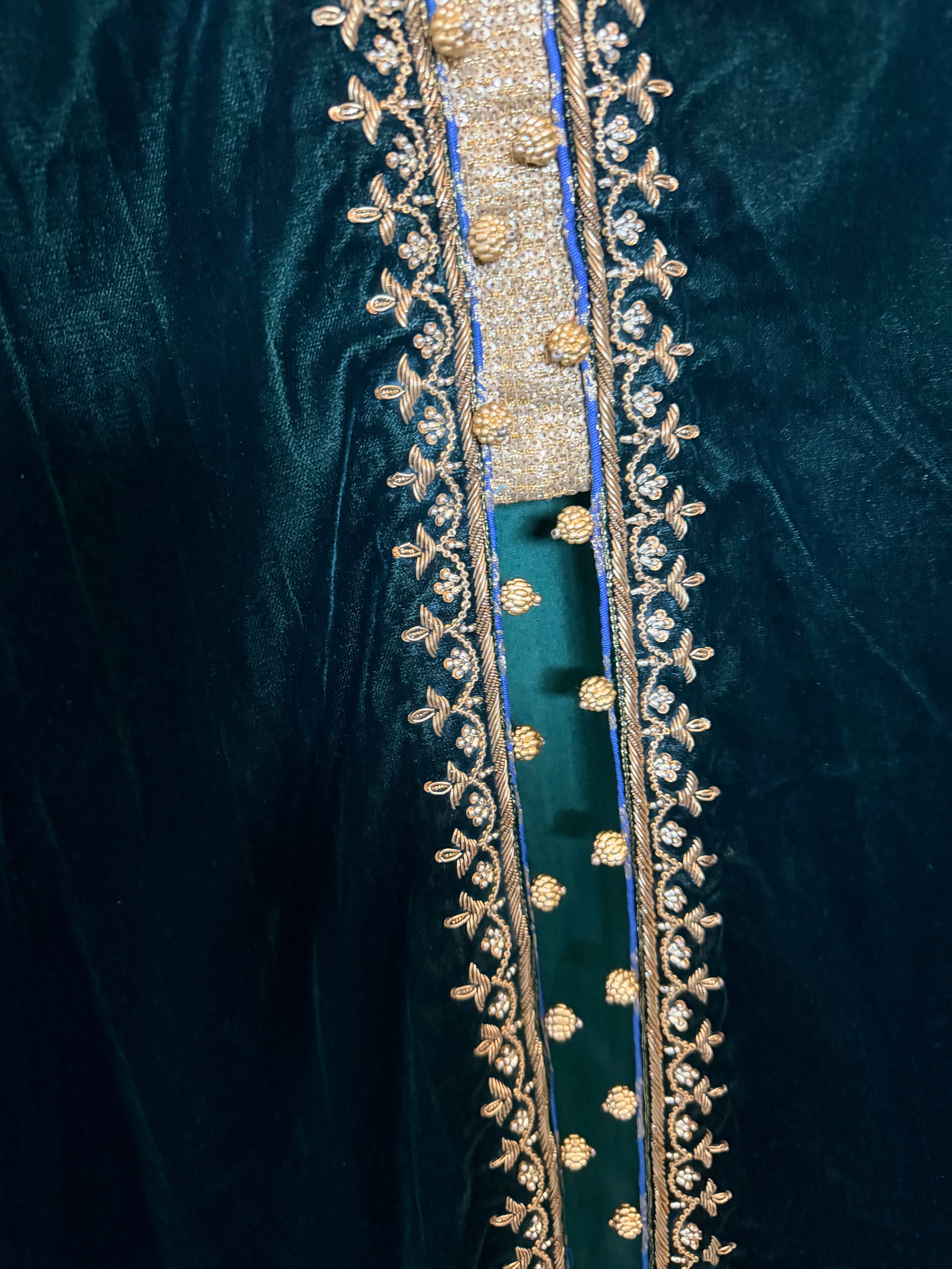Emerald Green Velvet Zari-Embroidered 3-Piece Formal Set with Gold Palazzo Pants