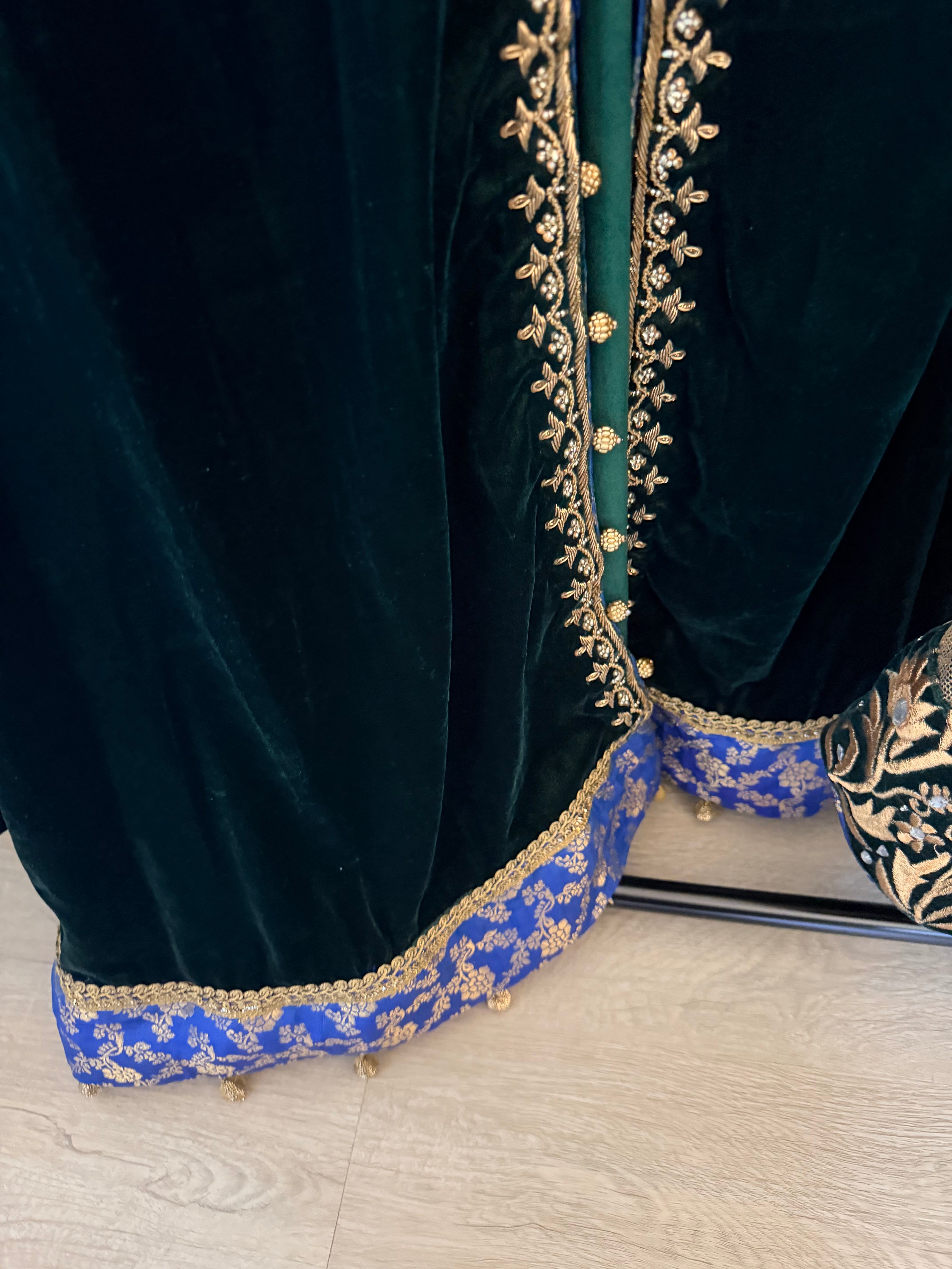 Emerald Green Velvet Zari-Embroidered 3-Piece Formal Set with Gold Palazzo Pants