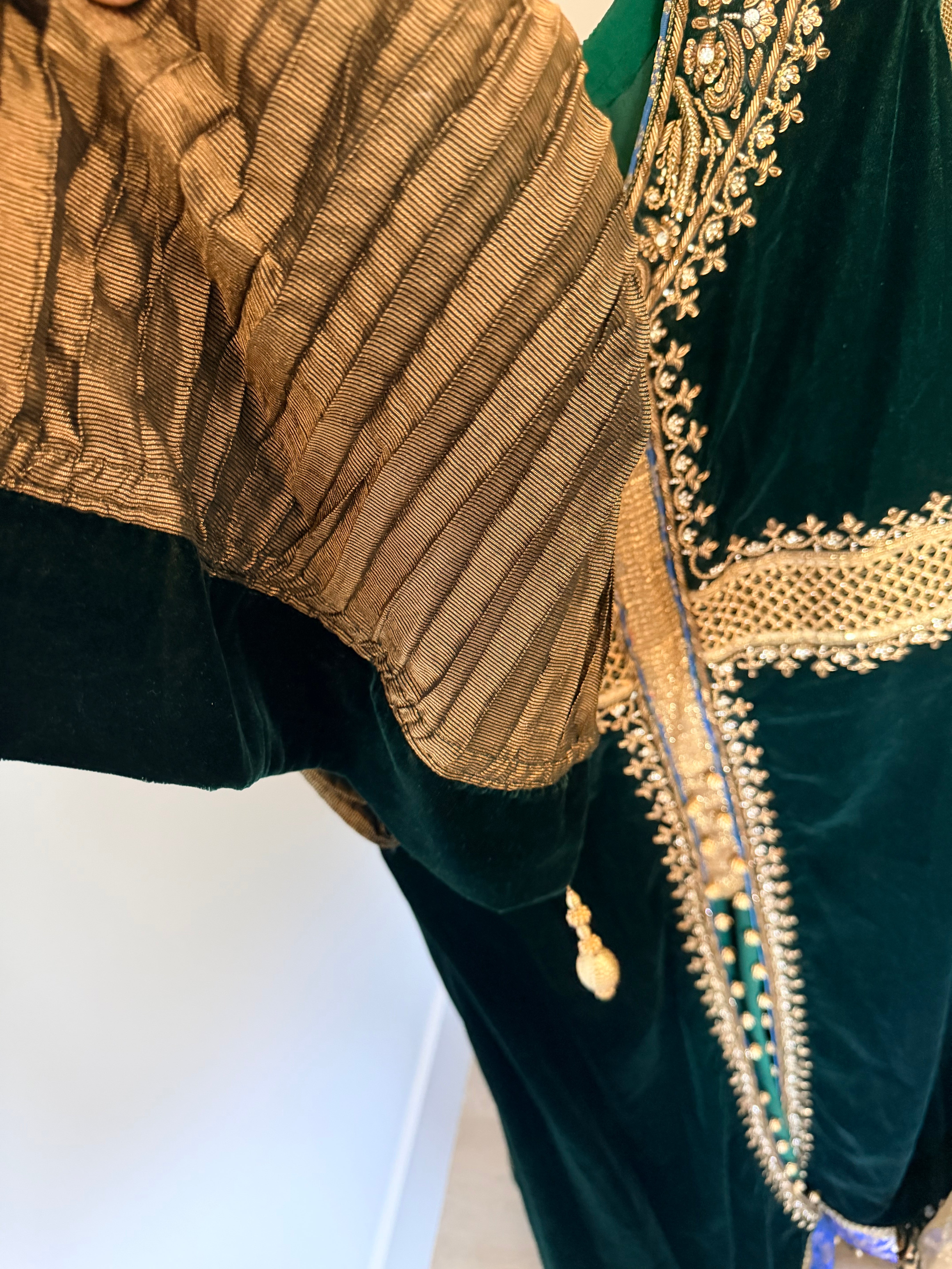Emerald Green Velvet Zari-Embroidered 3-Piece Formal Set with Gold Palazzo Pants