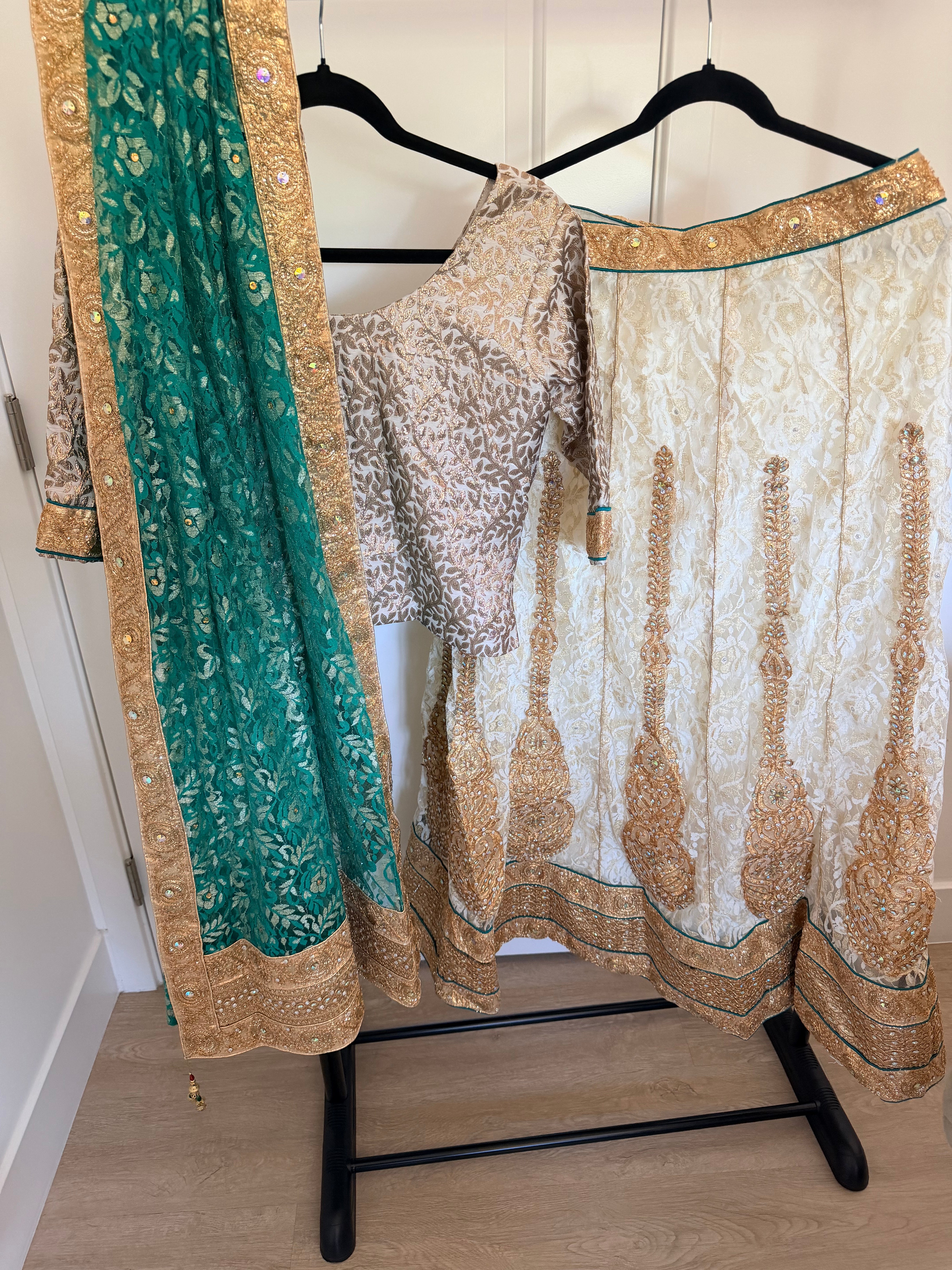 Ivory & Emerald Embellished Lehenga Set with Brocade Blouse and Dupatta