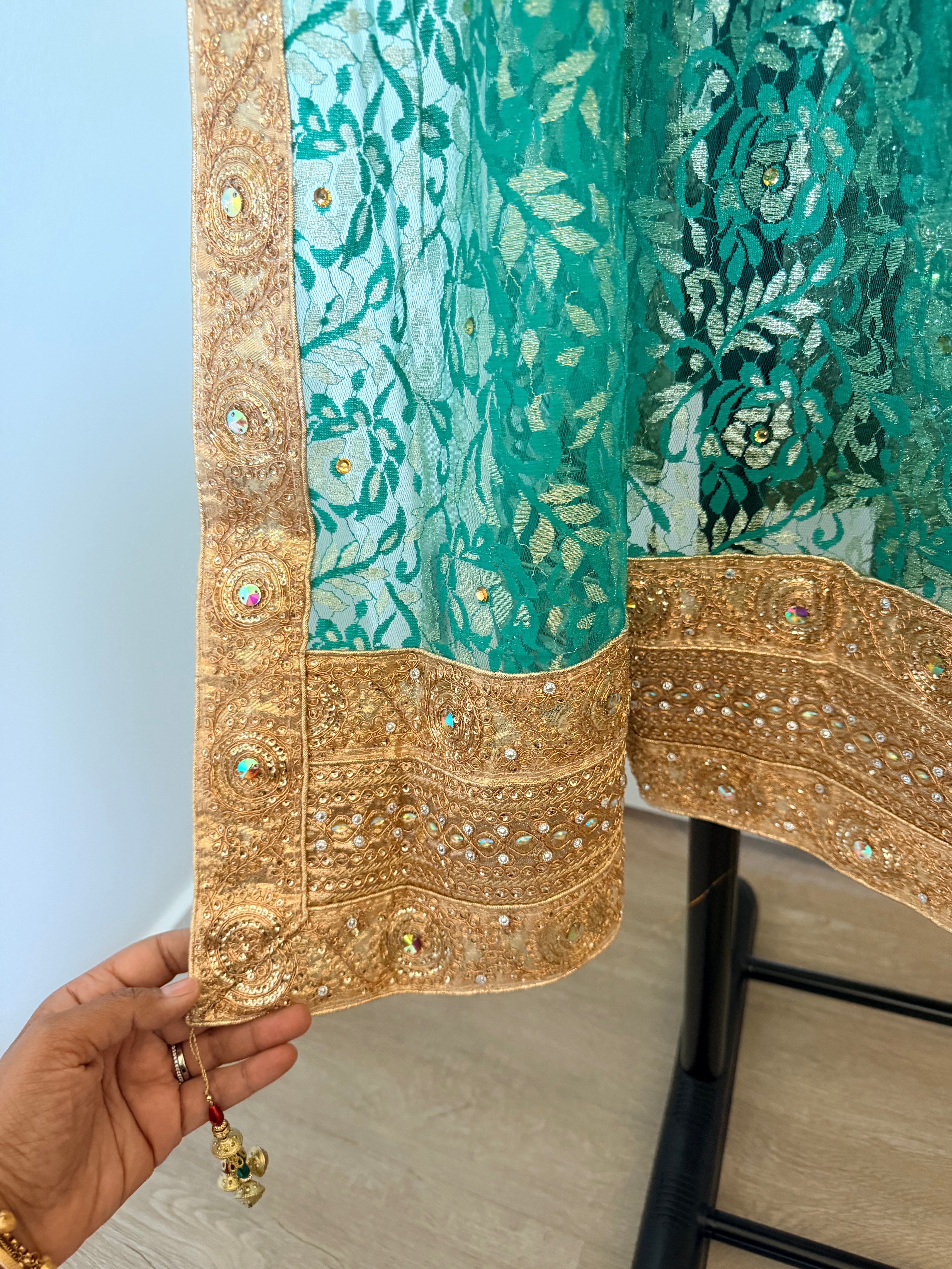 Ivory & Emerald Embellished Lehenga Set with Brocade Blouse and Dupatta