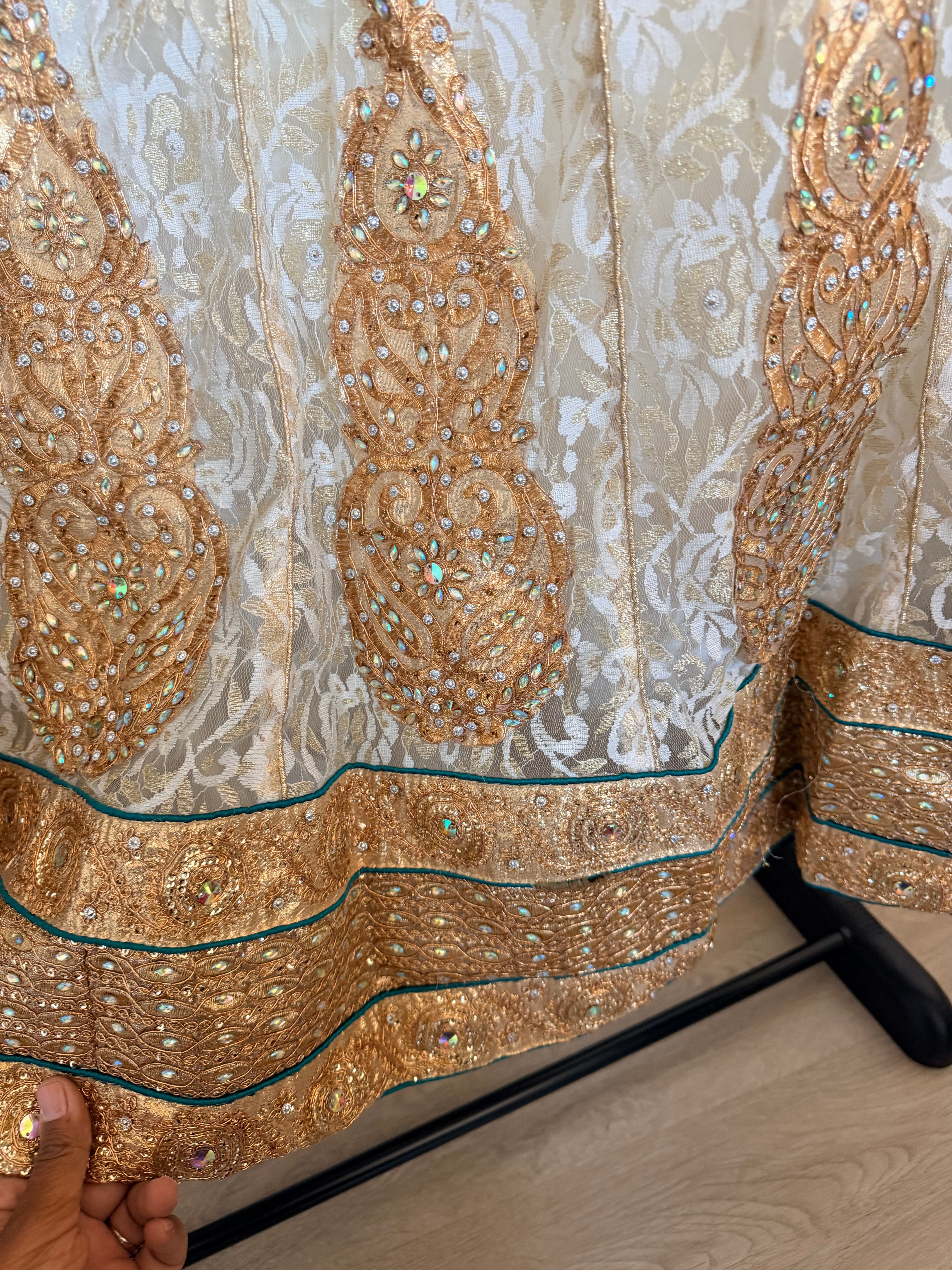 Ivory & Emerald Embellished Lehenga Set with Brocade Blouse and Dupatta