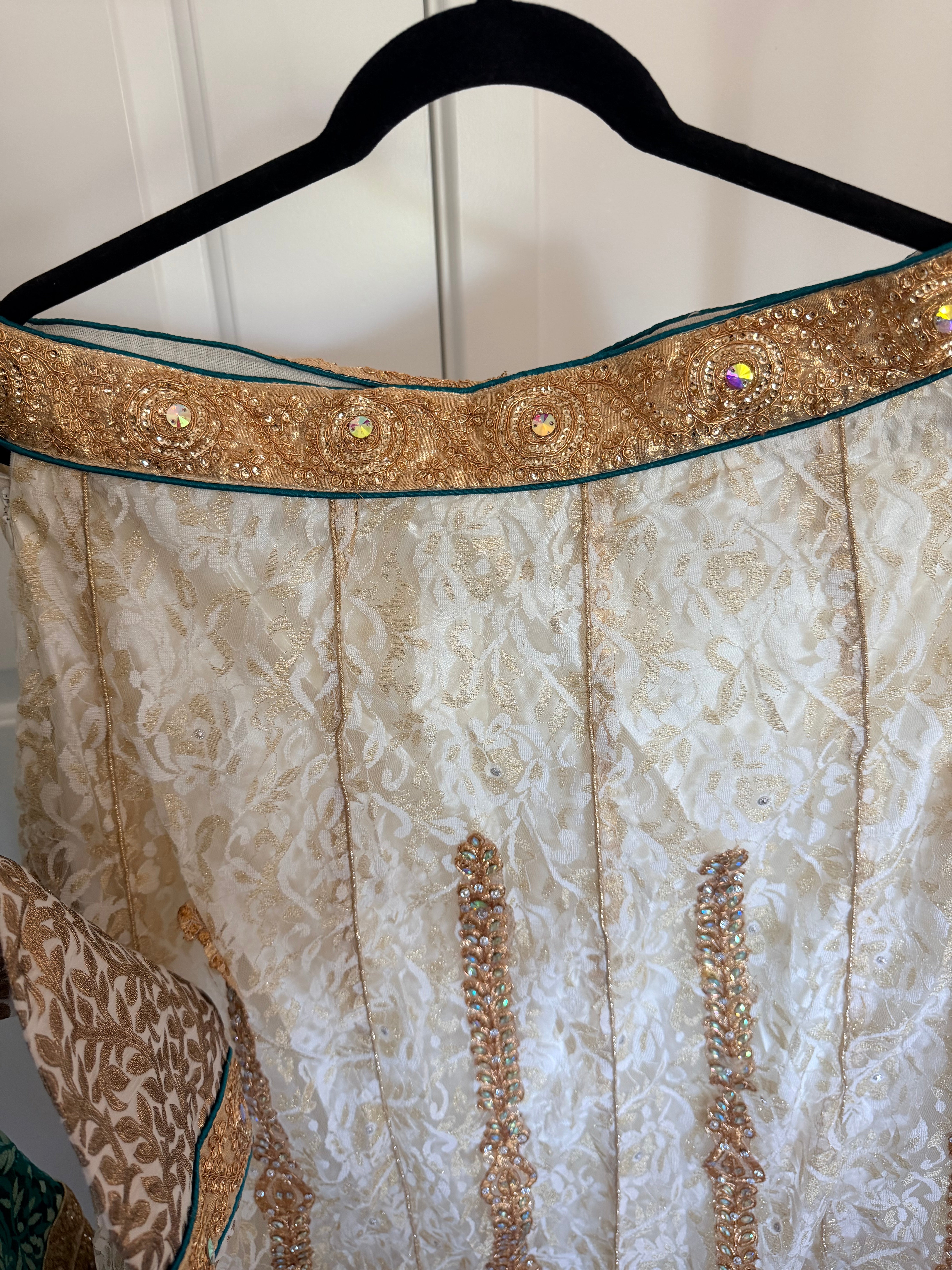 Ivory & Emerald Embellished Lehenga Set with Brocade Blouse and Dupatta